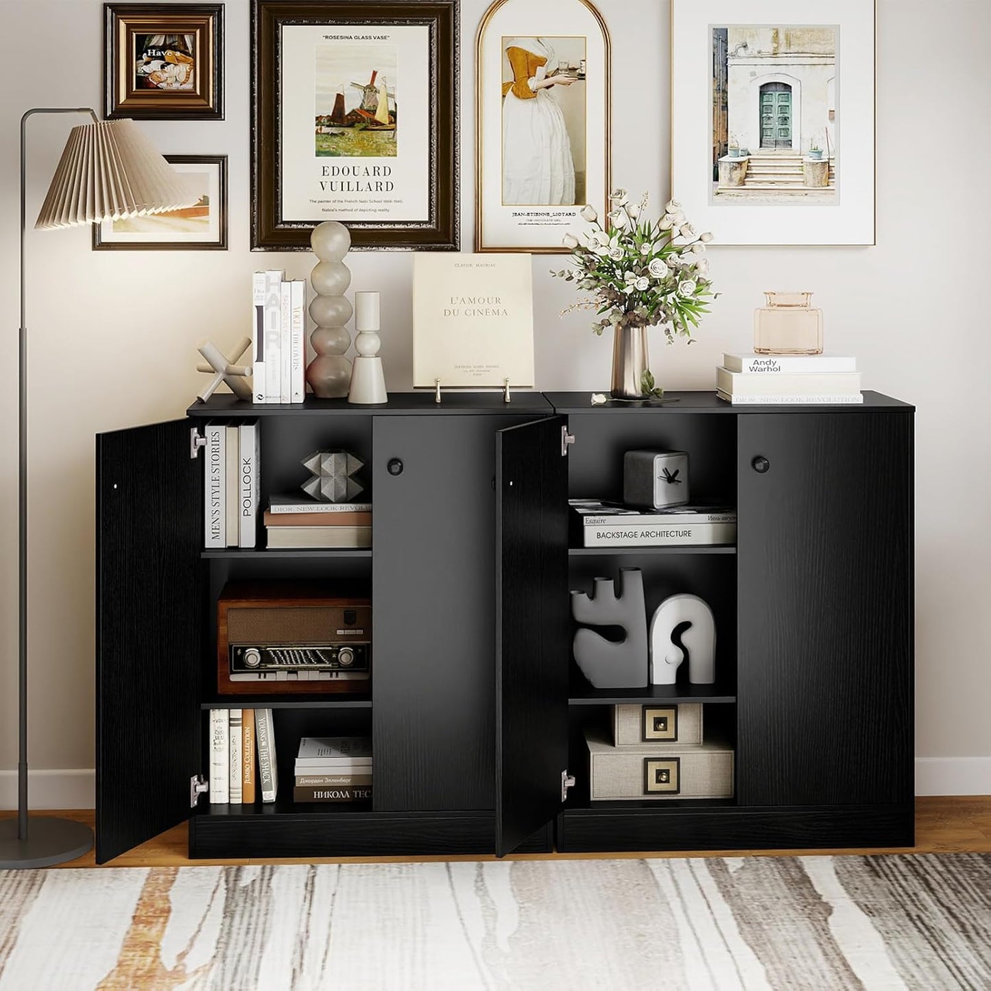 Giantex 2 Door Storage Base Cabinet - Freestanding Floor Cabinet with 3-Tier Shelf, Non-Slip Foot Pads, Kitchen Cupboard Storage Organizer for Living Room, Hallway, Entryway, Office (Black)