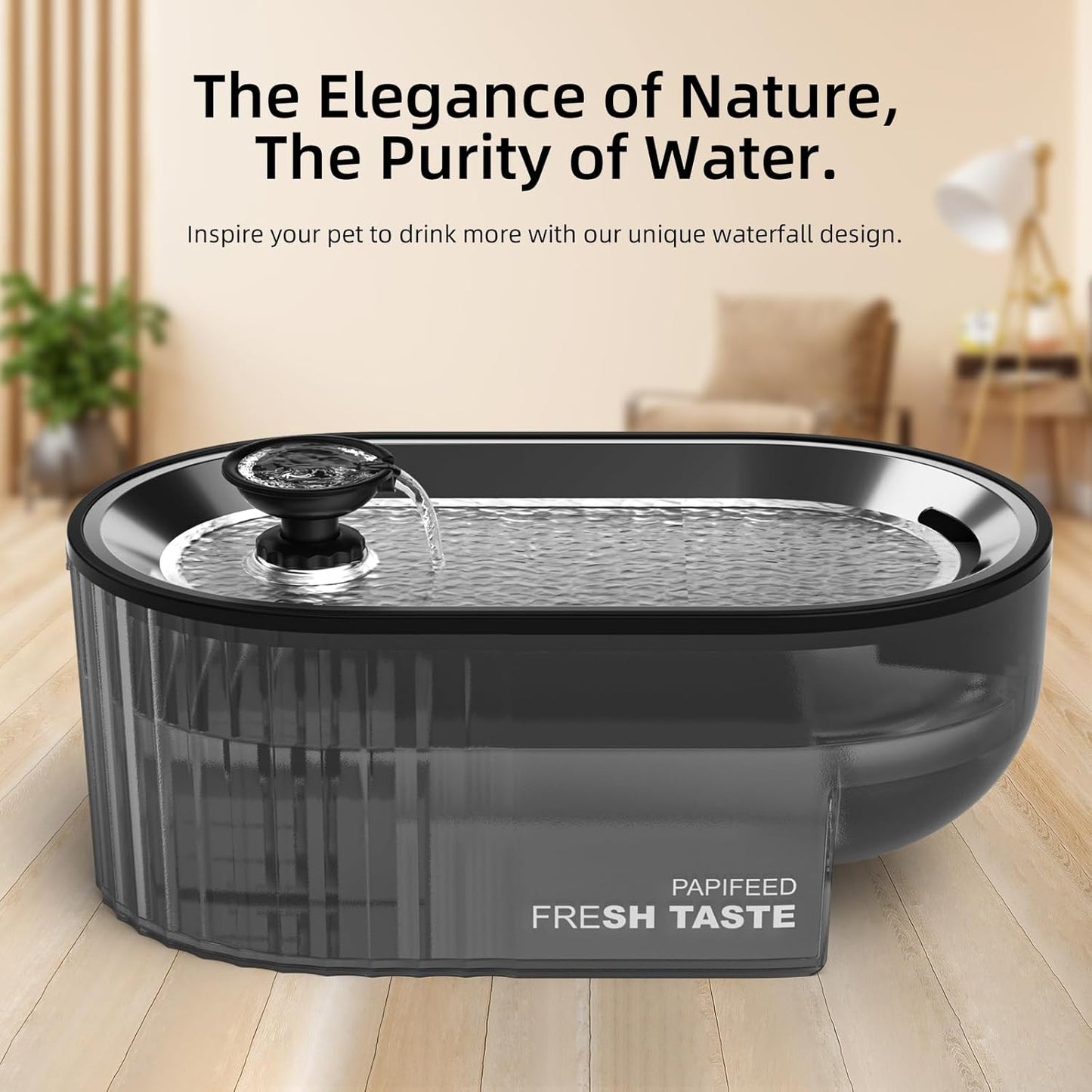 Cat Water Fountain Stainless Steel with a Silicone Mat, 84oz/2.5L Automatic Cat Water Fountain with Water Level Window and LED Light, Quiet Low Power Cat Water Bowl & Cat Water Dispenser(Black)
