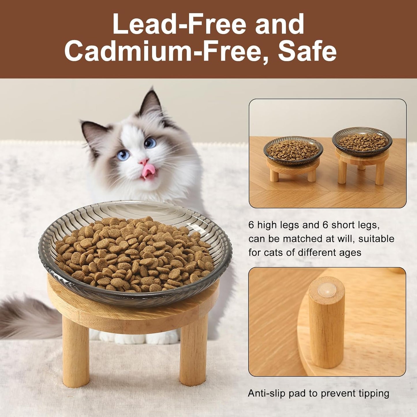Cat Bowls Whisker Friendly with Wooden Stands. Raised Elevated Glass Whisker Fatigue Cat Bowl for Indoor Cats. 2PCS (Black)