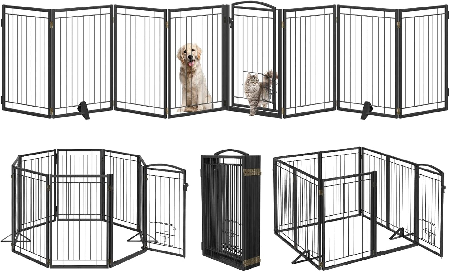 Metal Free Standing Dog Gate with Cat Door for Indoor/Outdoor,160" Extra Wide Foldable Pet Gate,32" Tall Foldable Indoor Dog Fence for Large Openings Stairs,Deck,Yard,Doorways(8 Panels,Black)