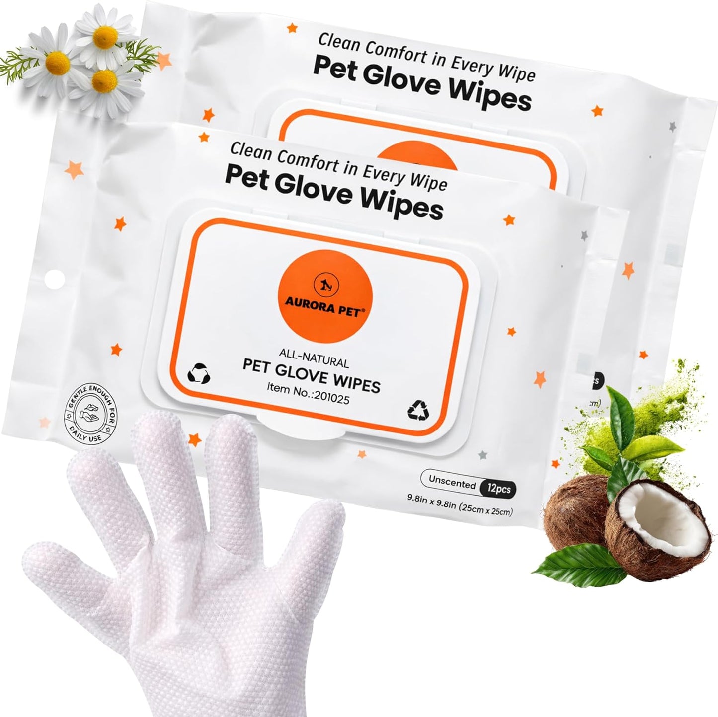 Aurora Pet Glove Wipes for Dogs & Cats, Wearable No-Rinse Grooming Glove Wipes for Paws, Face, Ears & Body, Hypoallergenic Disposable Pet Cleaning Wipes, Unscented, 24 Count