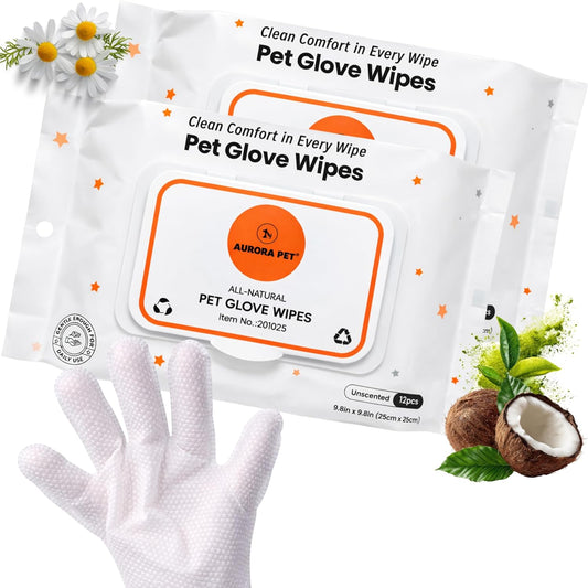 Aurora Pet Glove Wipes for Dogs & Cats, Wearable No-Rinse Grooming Glove Wipes for Paws, Face, Ears & Body, Hypoallergenic Disposable Pet Cleaning Wipes, Unscented, 24 Count