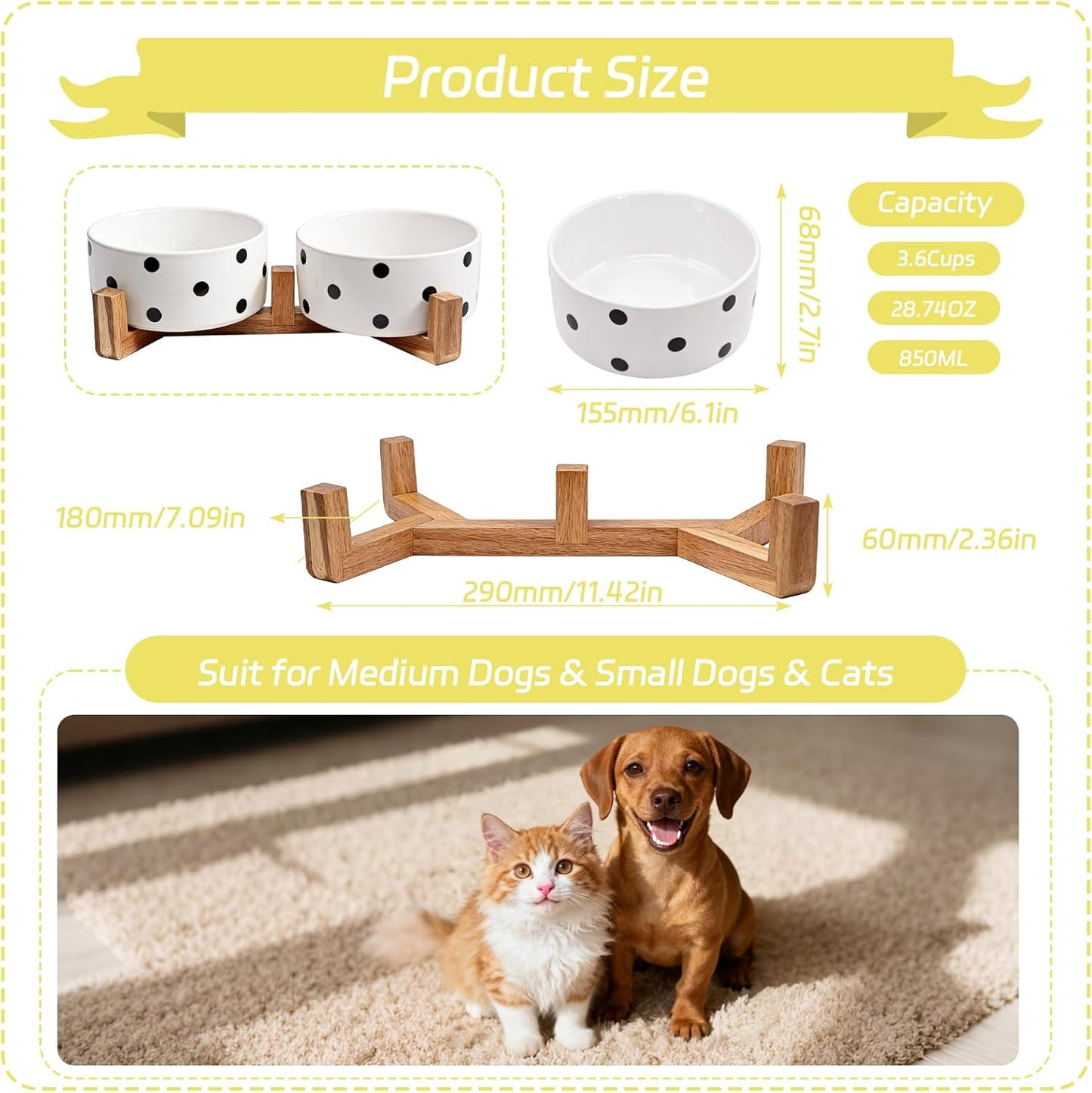 28.74 OZ Elevated Ceramic Dog Bowl Set with Acacia Wood Stand - 3.6 Cup Cat Food Bowl Raised Pet Dish Modern Indoor Water Basic Bowls for Puppies - 850 ML (Double Bowl with Stand - White)