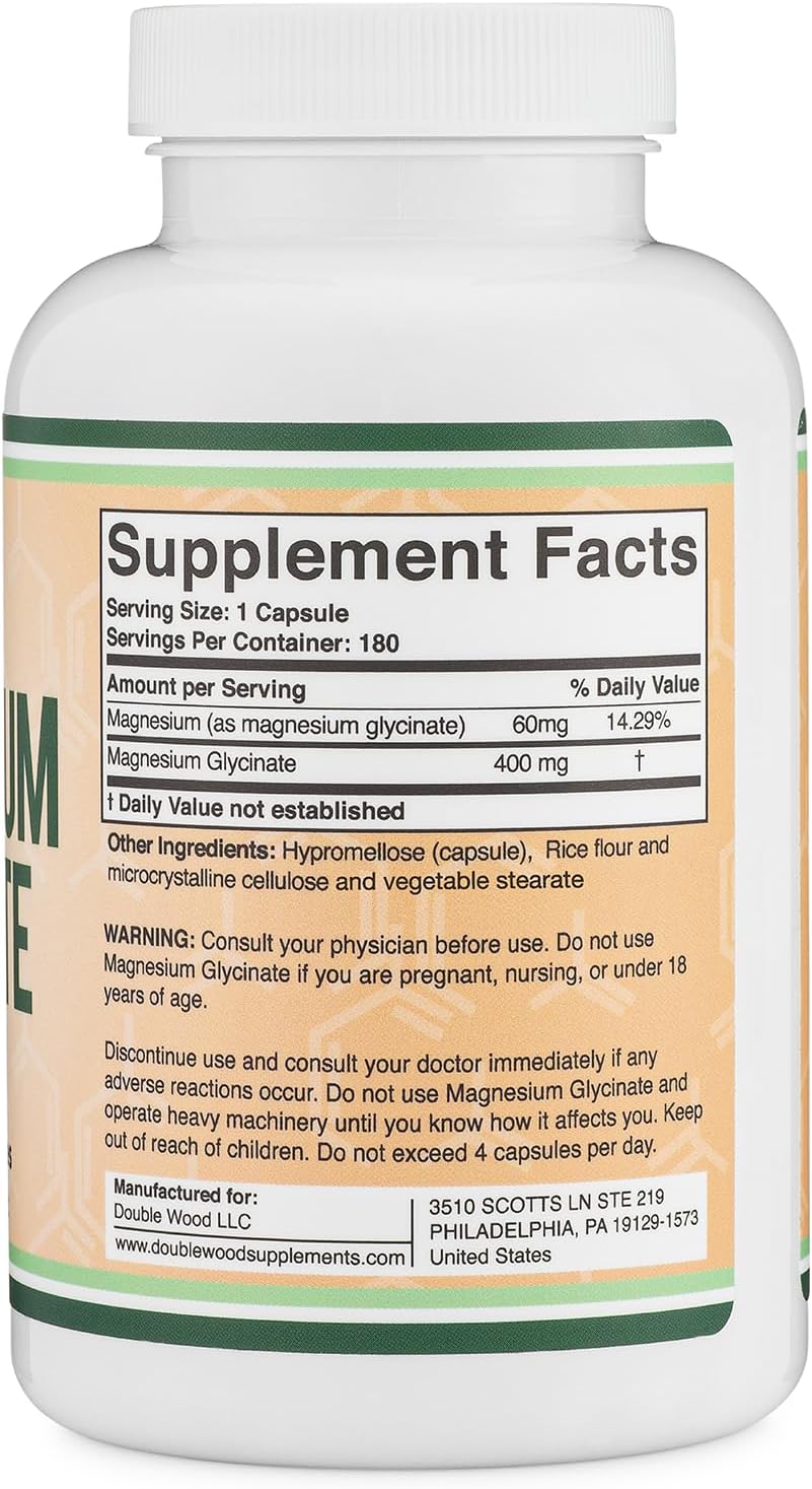 Magnesium Glycinate 400mg | 180 Capsules | Sleep, Muscle, & Heart Support | Vegan, Third Party Tested, Gluten Free, Non-GMO, by Double Wood Supplements