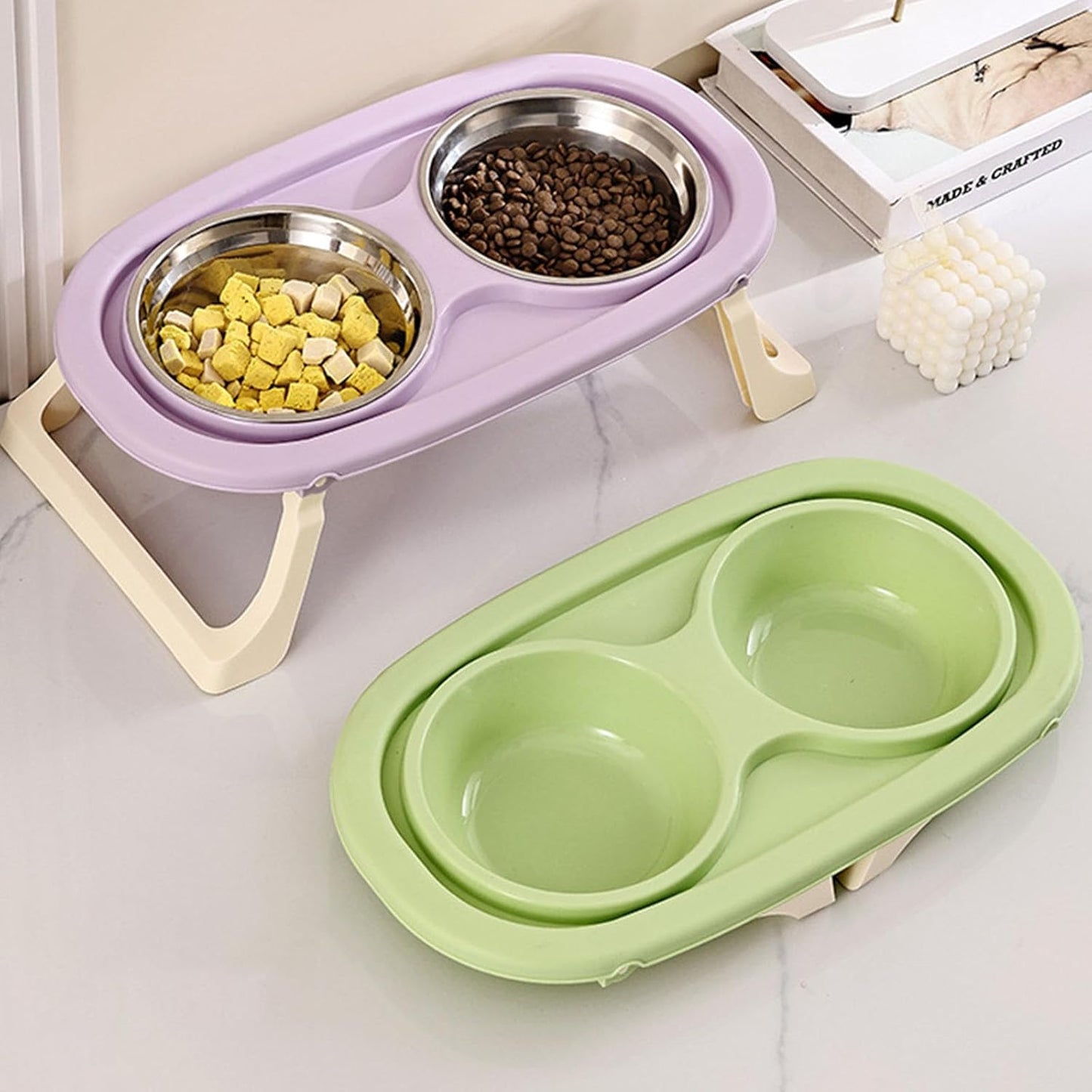 Ergonomic Elevated Dog Bowls with Stable Stand and Double Bowl for Most Breeds Pastel Color Nonslip Cats Food Bowl