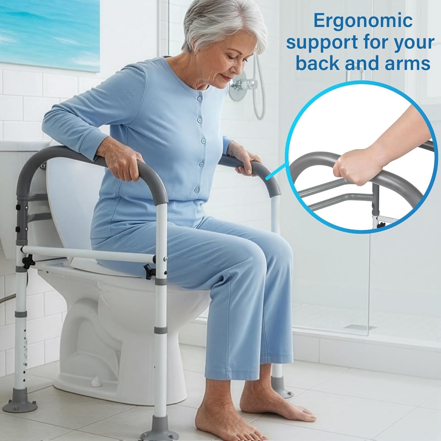 Vaunn Medical Deluxe Adjustable and Foldable Toilet Safety Frame, Bathroom Handrail Assist Grab Bar Handle (Gray, Adjustable Width and Height)