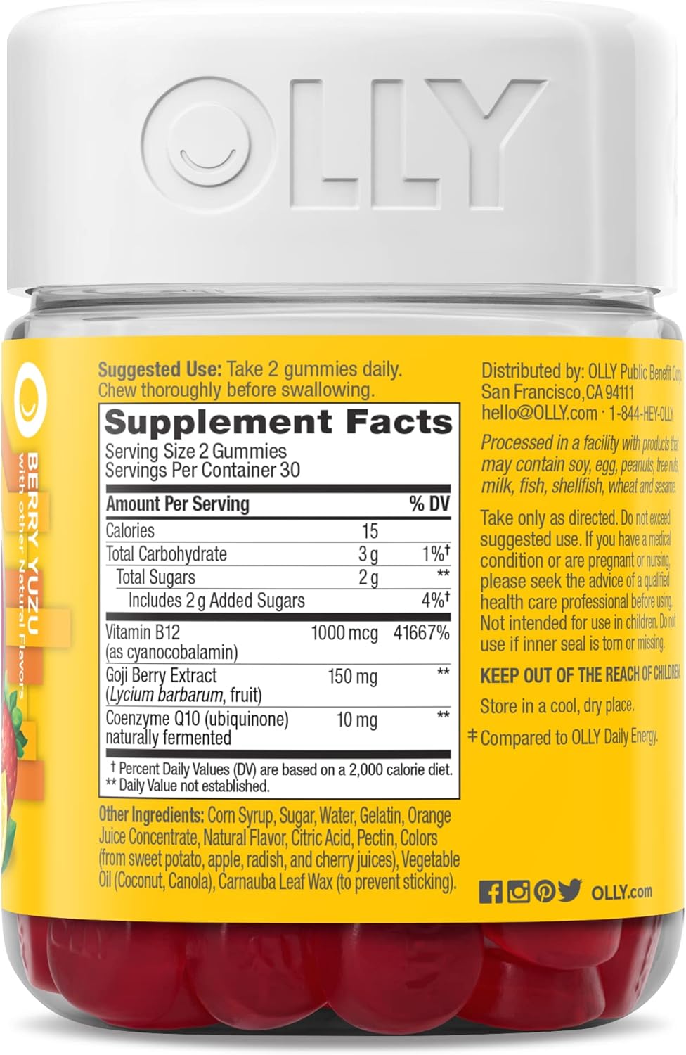 OLLY Extra Strength Daily Energy Gummy, Caffeine Free, 1000mcg Vitamin B12, CoQ10, Goji Berry, Adult Chewable Supplement, Berry Yuzu Flavor - 60 Count