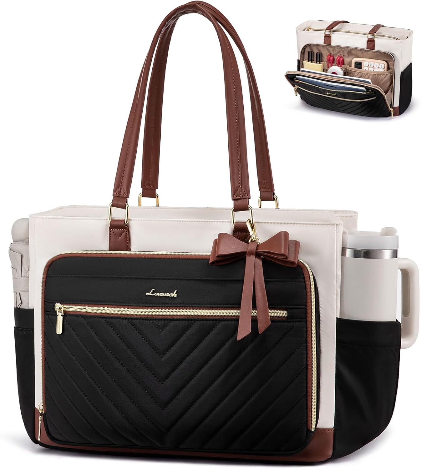 LOVEVOOK Teacher Tote Bag for Women, Work Laptop Bag Gift with Large Cup Holder, Quilted Nurse Bag Diaper Tote with Multi-Pockets, Large Computer Handbag Purse for Bussiness Travel, Office, College