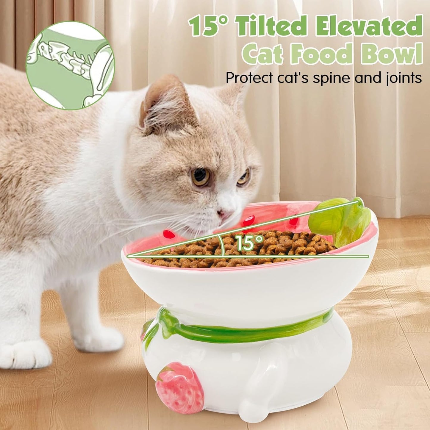 kathson Ceramic Raised Cat Bowl, 15° Tilted Elevated Cat Food Bowl, Raised Cat Food Bowls Anti Vomiting, Small Cat Feeding Bowlswith Stand for Protecting Spine, Strawberry Shaped Cute Kitten Bowl