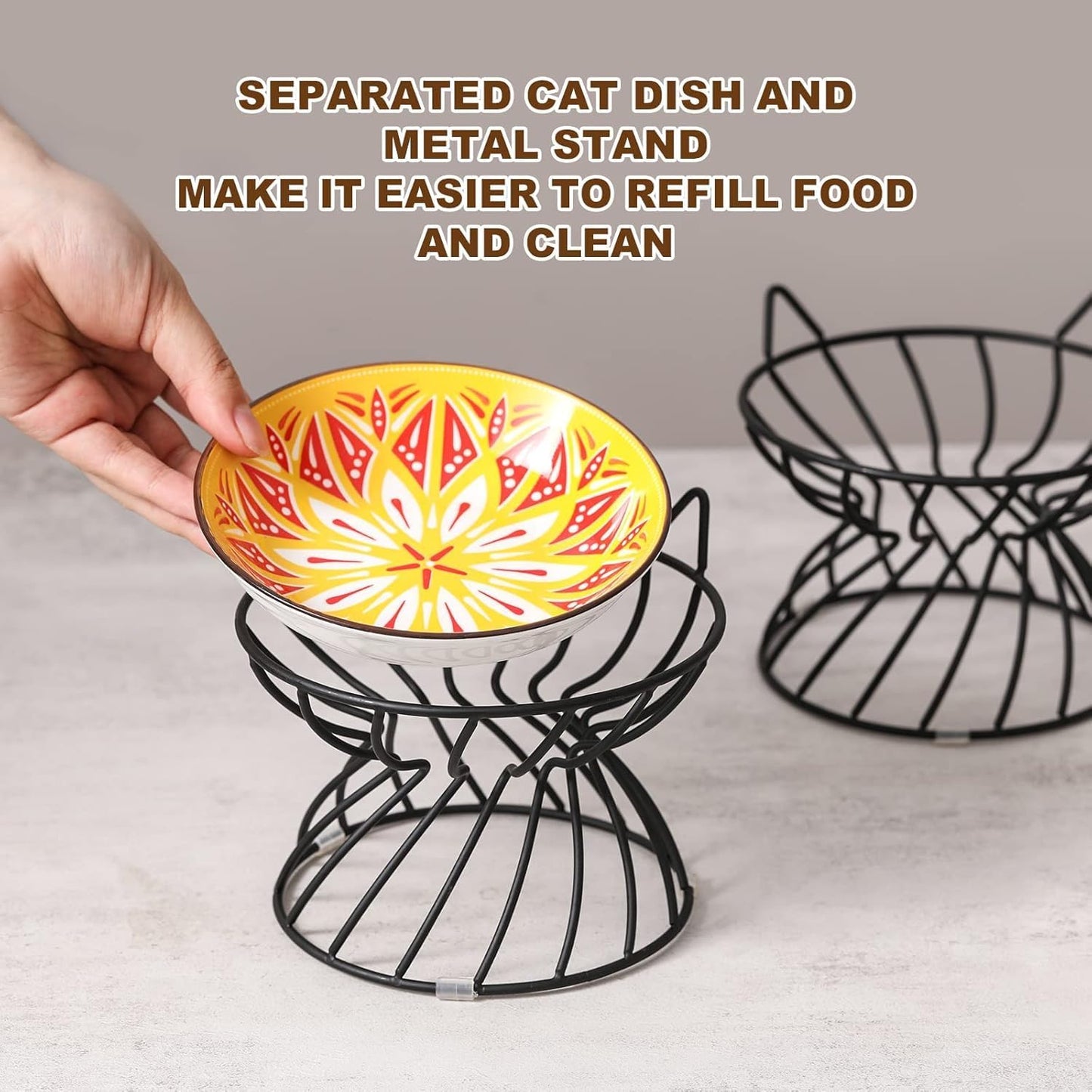 Metal Stand for Cat Dish - Raised Cat Bowl Holder with Anti Slip Sleeves - Black Iron - Elevated, Anti Vomiting, Backflow Prevention - 5.9 x 4.7 inches