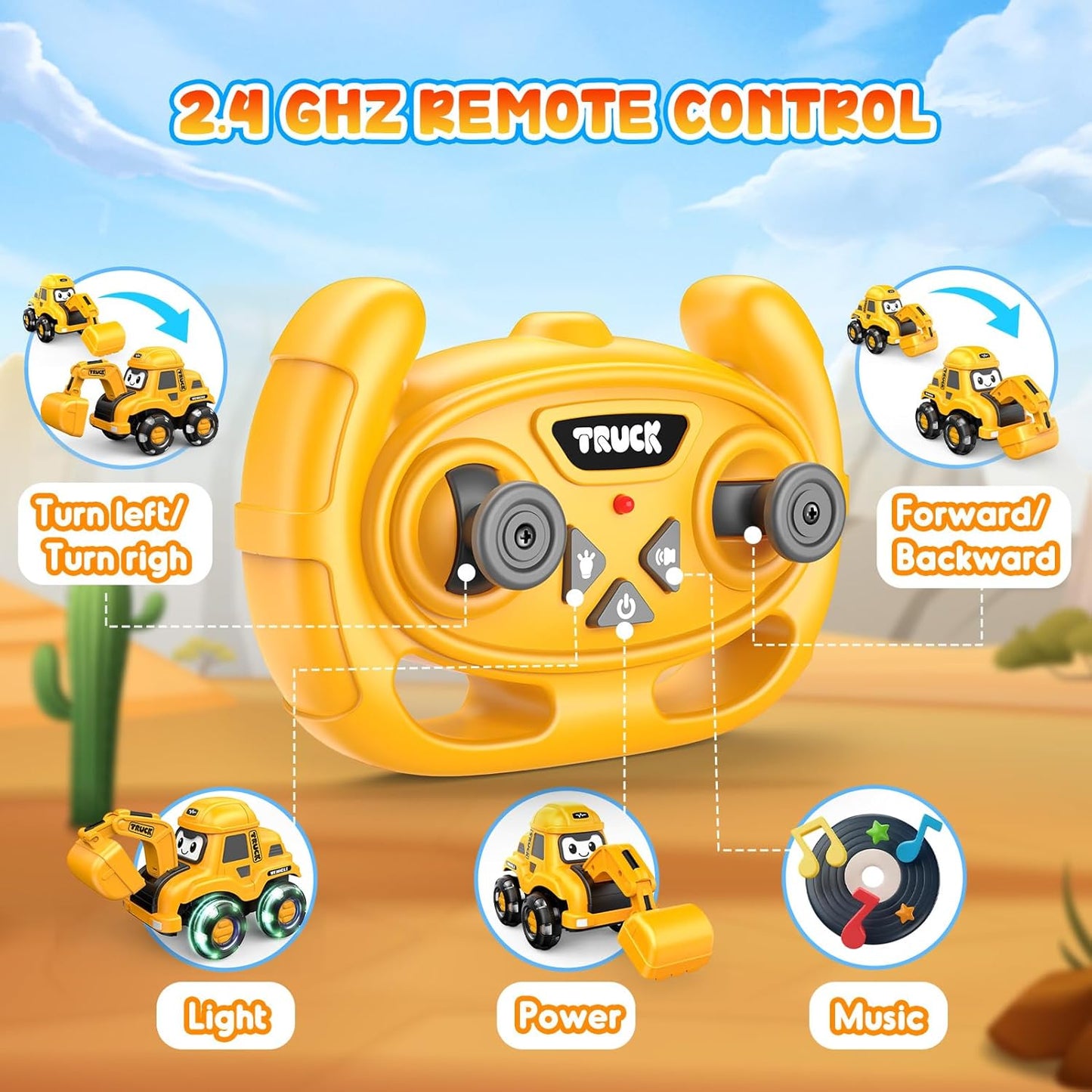 Toddler Toys Remote Control Car with Flashing Light Wheels & USB Rechargeable Construction Toys Excavator Truck for Toddlers Aged 2 3 4 5 6,Easter Basket Stuffers Gifts for Toddler Boys Girls