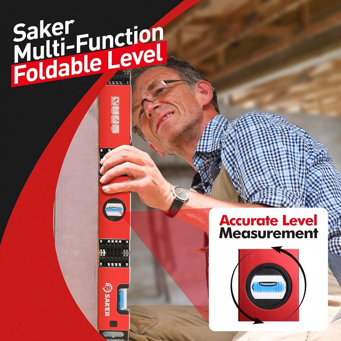 Saker Multi-function Foldable Level, 28-Inch Level Tool,Gift for Him Her,Multi-Angle Measurement Woodworking Tool,Precise Leveling In Any Position,Folding Level Tool To Save Your Time