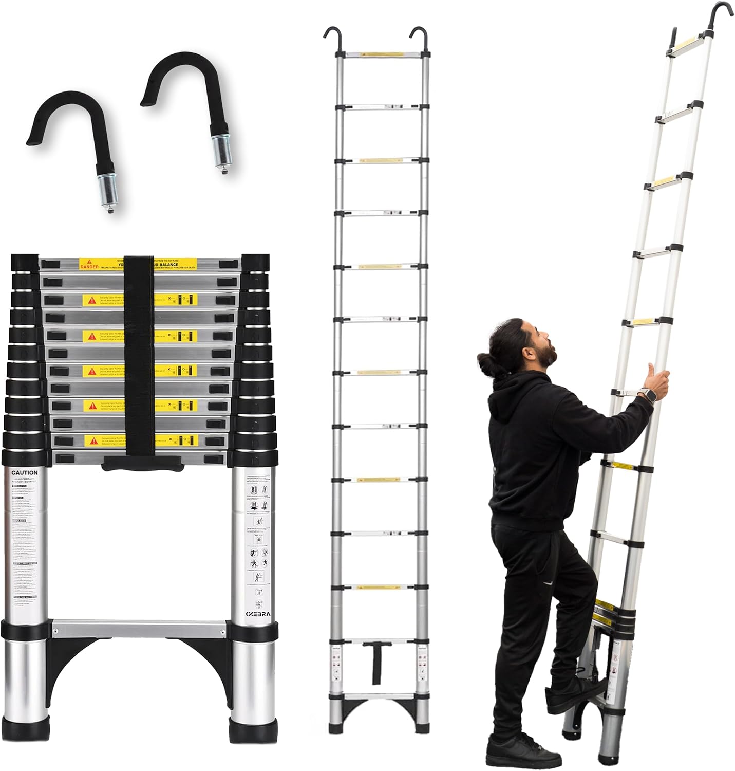 Telescoping Ladder, 12.5 FT Aluminum Lightweight Extension Ladder with 2 Stable Hooks, 2 Triangle Stabilizers & Non-Slip Feet, Heavy Duty 330 Lbs Max Capacity, Ideal for Home, RV & Outdoor Work