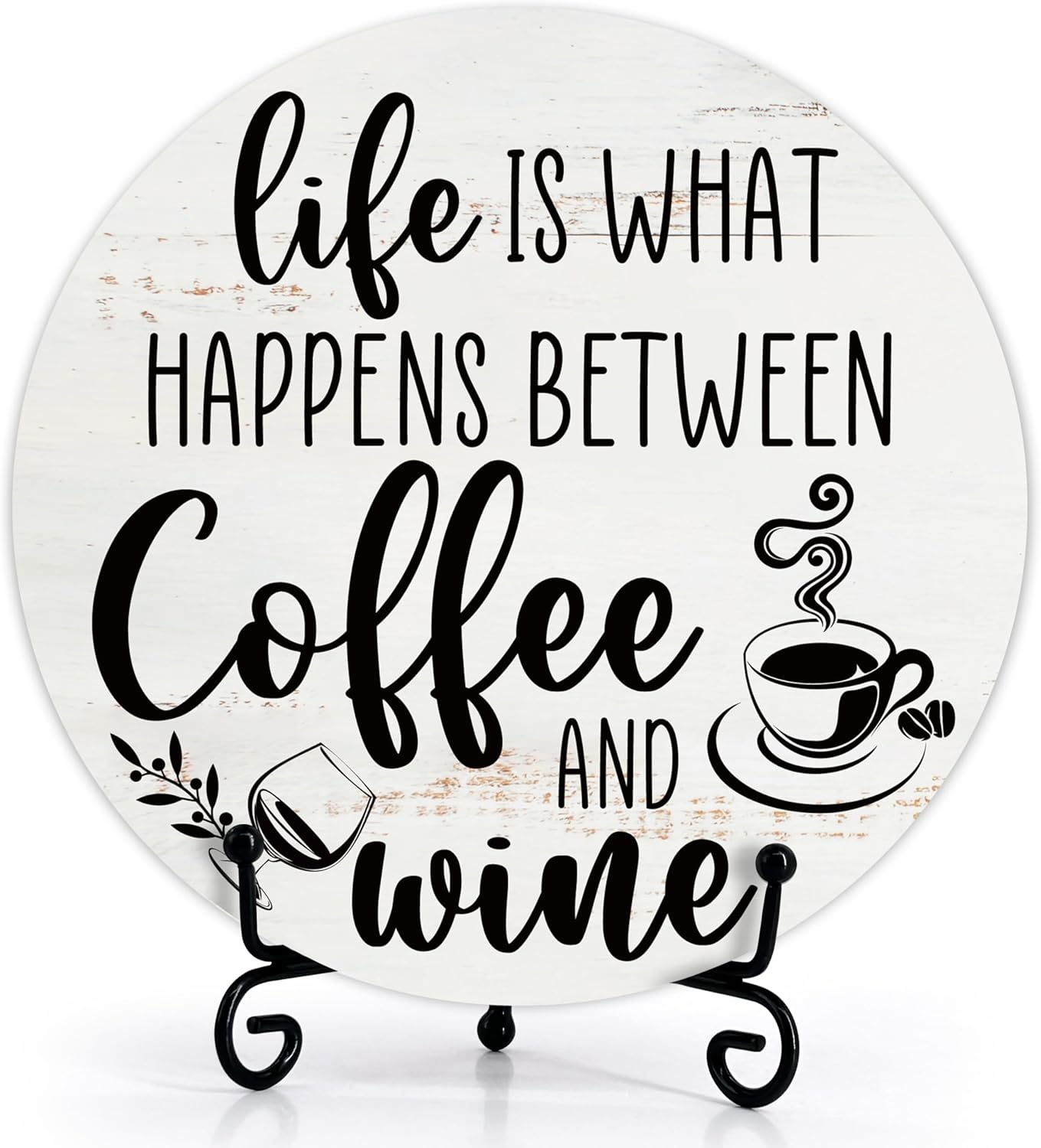 Life Happens Between Coffee and Wine Wood Sign - Rustic Wooden Round Decor for Home Kitchen Farmhouse - Gifts for Coffee and Wine Lovers