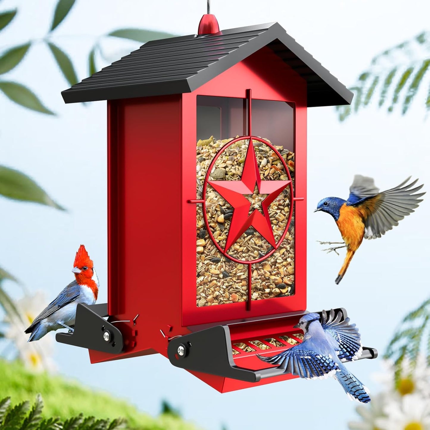 Squirrel Proof Bird Feeders for Outdoors With Weight-Activated, Metal 5LB Large Wild Bird Feeders for Cardinals,Blue jay,Finch, Weatherproof Durable Hanging Bird Feeder for Backyard,Garden,Patio - Red
