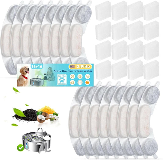 16 Sets Filter Replacement Compatible with smartoo 7L/236oz/1.8G Dog Water Fountain, Dog Water Bowl Filter for Stainless Steel Pet Fountain