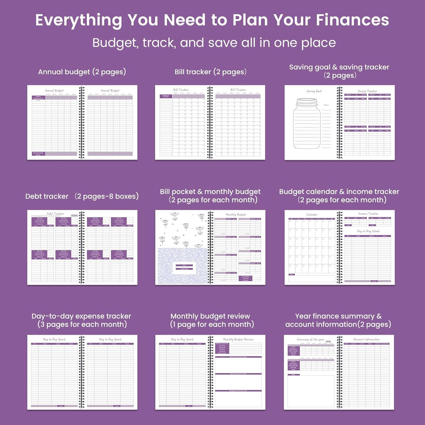 Monthly Budget Planner Book (Undated) with 12 Pockets for Income, Debt, Saving, Expense and Bill Tracker Organizer, Purple, Spiral Design