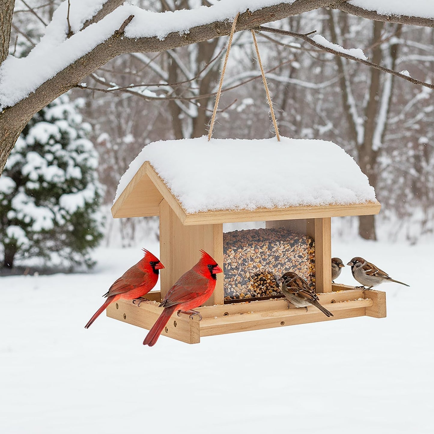 Hanging Wooden Bird Feeder Outdoor Large Capacity Wood Birdfeeder for Feeding Outside Garden Wild Birds Finches Robin Sparrow Blue Jay Chickadees
