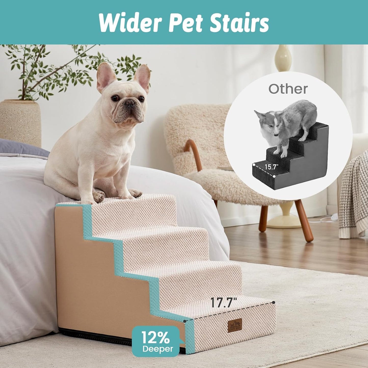 Dog Stairs for Small Dogs, 4 Tier Wider Pet Stairs for Couch and Beds, 17.7" H Non-Slip Dog Steps for Old Cats, Puppy, Small Medium Dogs, 17.7x23.6x17.7 inch, Beige