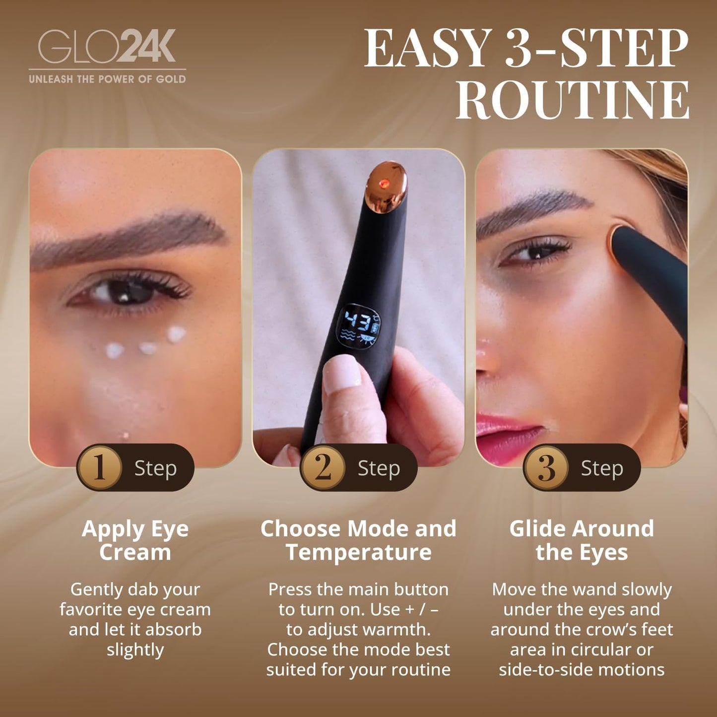 GLO24K Heated Eye Wand & Eye Massager Tool – Gentle Warmth & Vibration for Smoother-Looking Skin, Refreshing Under-Eyes Massage, Portable Beauty Device