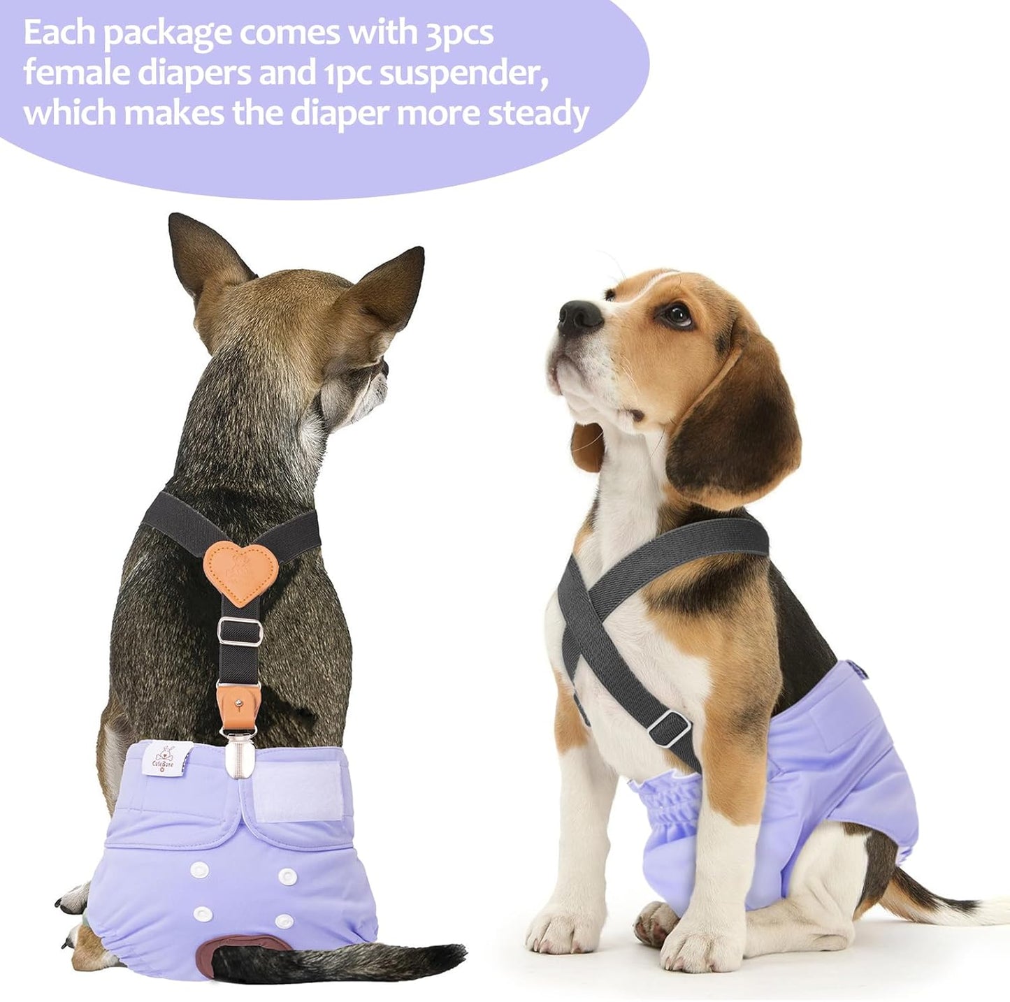 CuteBone Dog Diapers Female 3 Pack Reusable Doggy Diapers with One Suspender for Small Medium Large Dog Period BDD01M