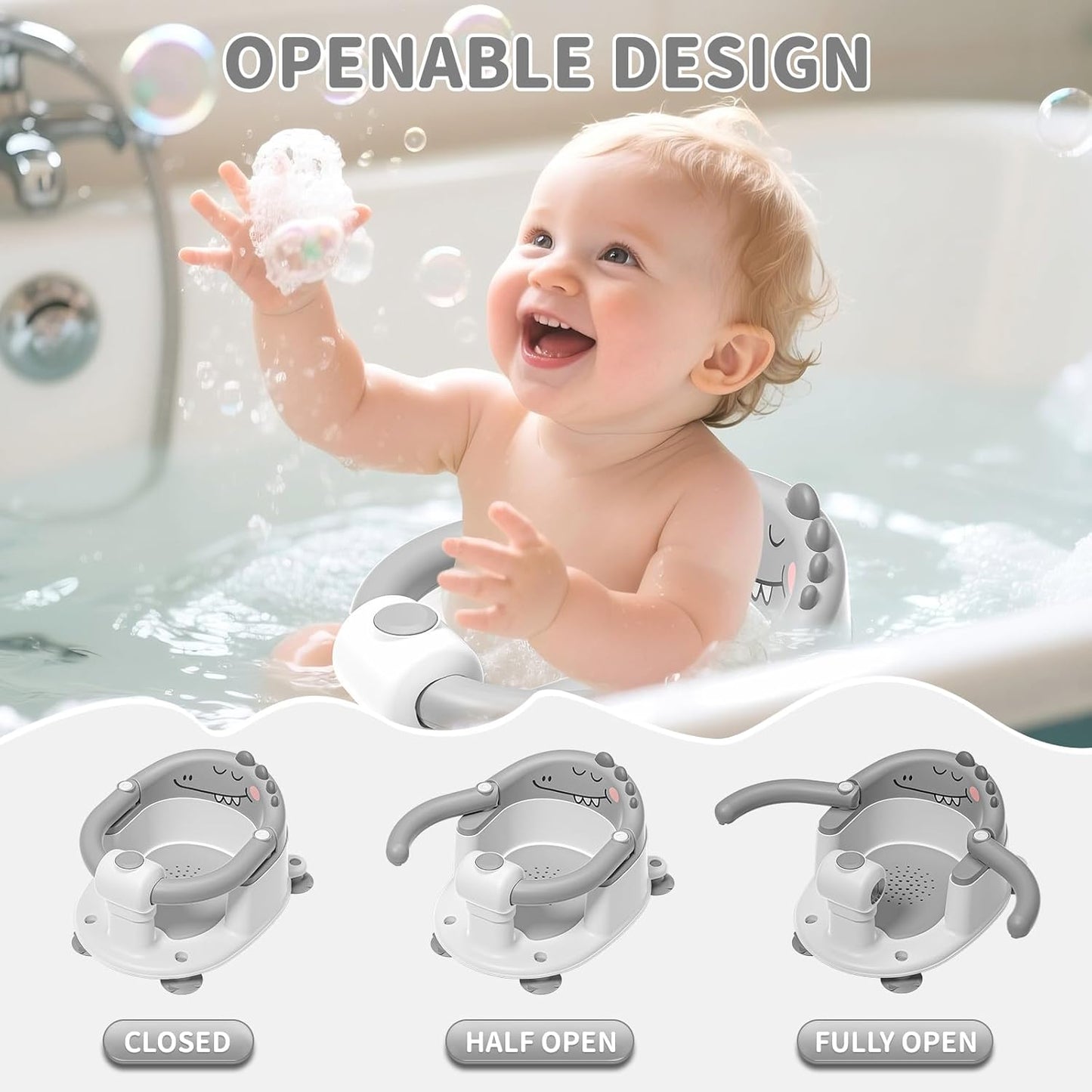 TPN Baby Bath Seat for Babies 6 Months & Up, Non-Slip Toddler Bath Seat with 5 PCS Waterproof Emoji Stickers, Portable Infant Bath Seat for Baby(Grey)
