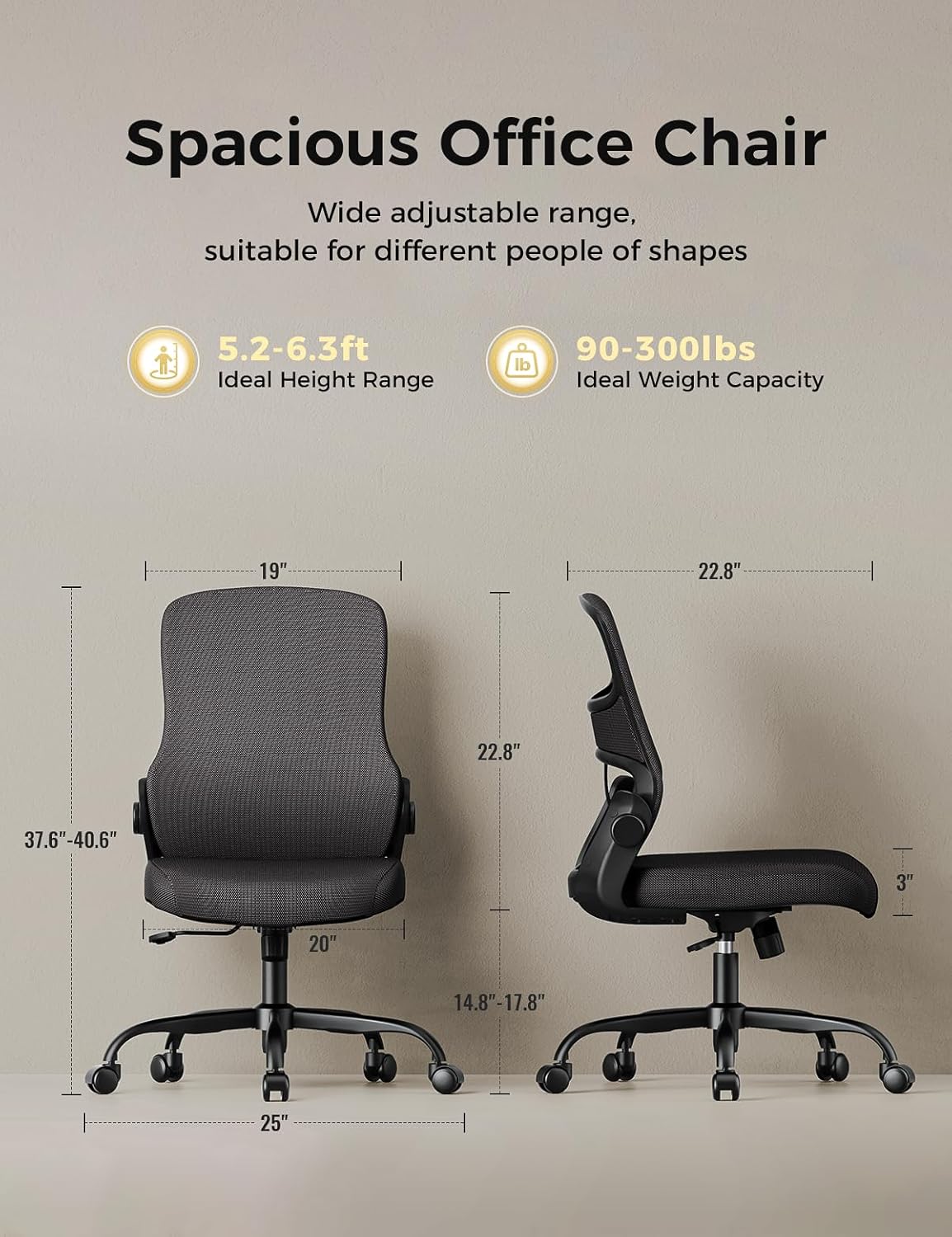 Office Chair, Mesh Ergonomic Desk Chairs, Lumbar Support, Adjustable Height, Armless, Swivel Function and Smooth-Rolling Wheels for Home, Office and Gaming (Black)