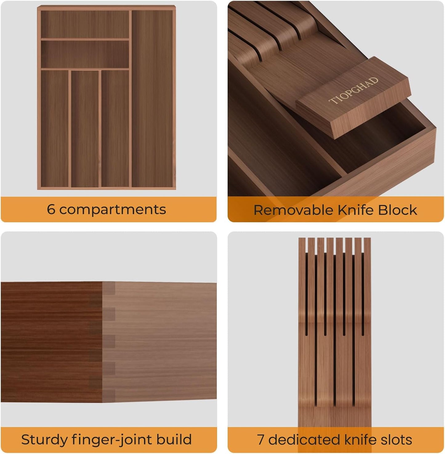 Small-Bamboo-Silverware-Drawer-Organizer, Expandable Utensil Kitchen Cutlery Tray Flatware Organization Wood Tableware Dividers Storage (with Removable Knife Block)(Brown)
