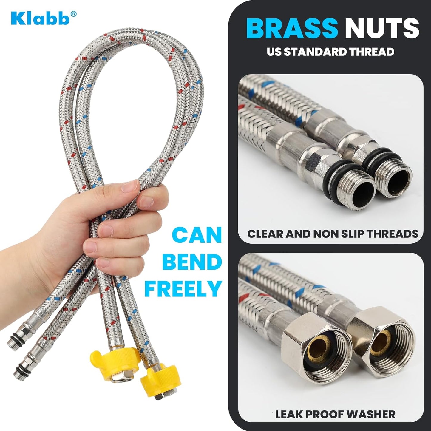Klabb 32-Inch Stainless Steel Braided Faucet Supply Line, 3/8" Compression Inlet with 1/2" Adapter and M10 Faucet Connection for Bathroom & Kitchen Sinks
