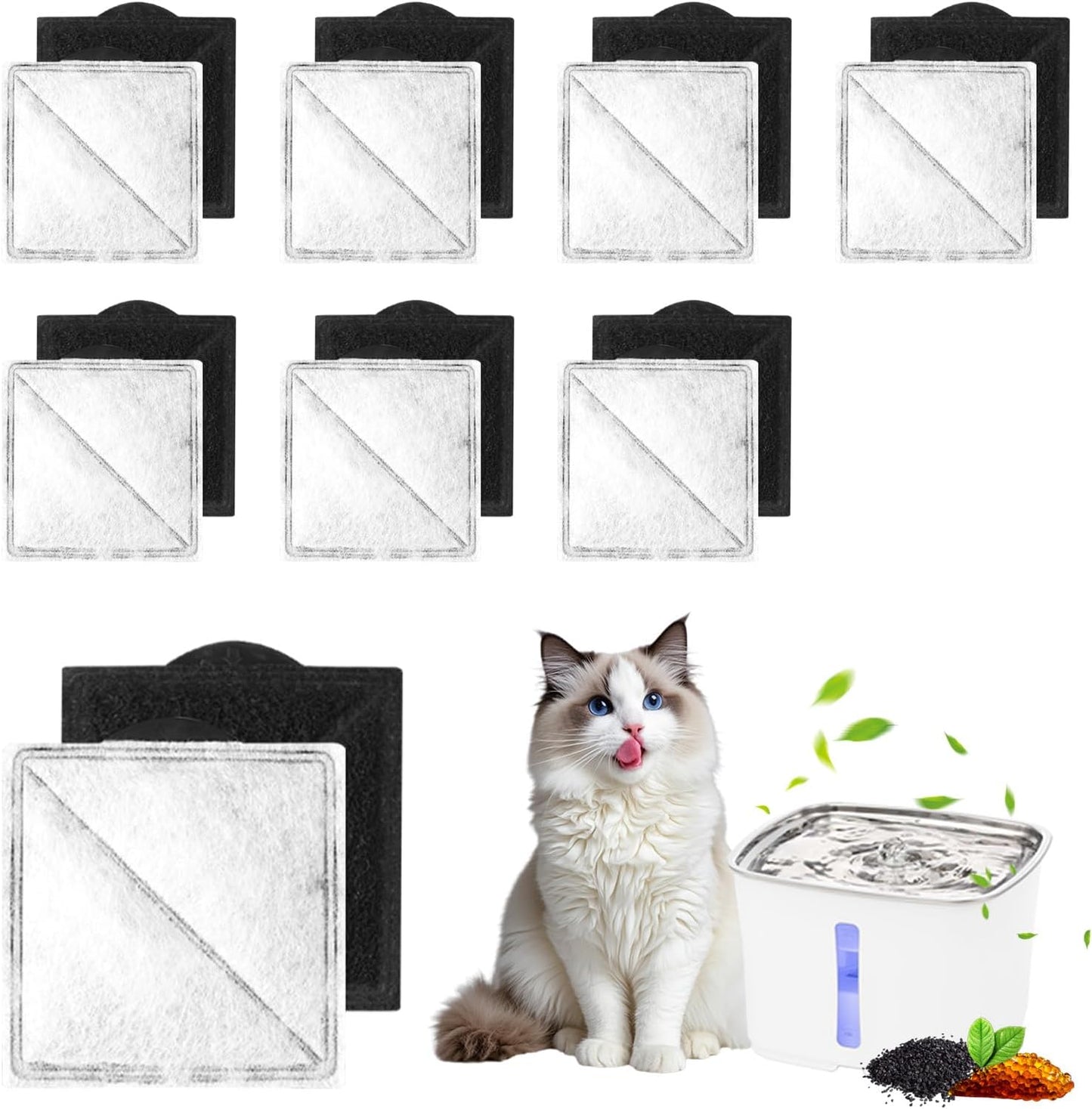 16-Pack Cat Water Fountain Replacement Charcoal Filter (Square) Compatible with Petsafe Premier, Ion-X, Outlast Pumpless & Viva Pet Water Fountain, Black Carbon Filters Fit for Cat and Dog Indoor