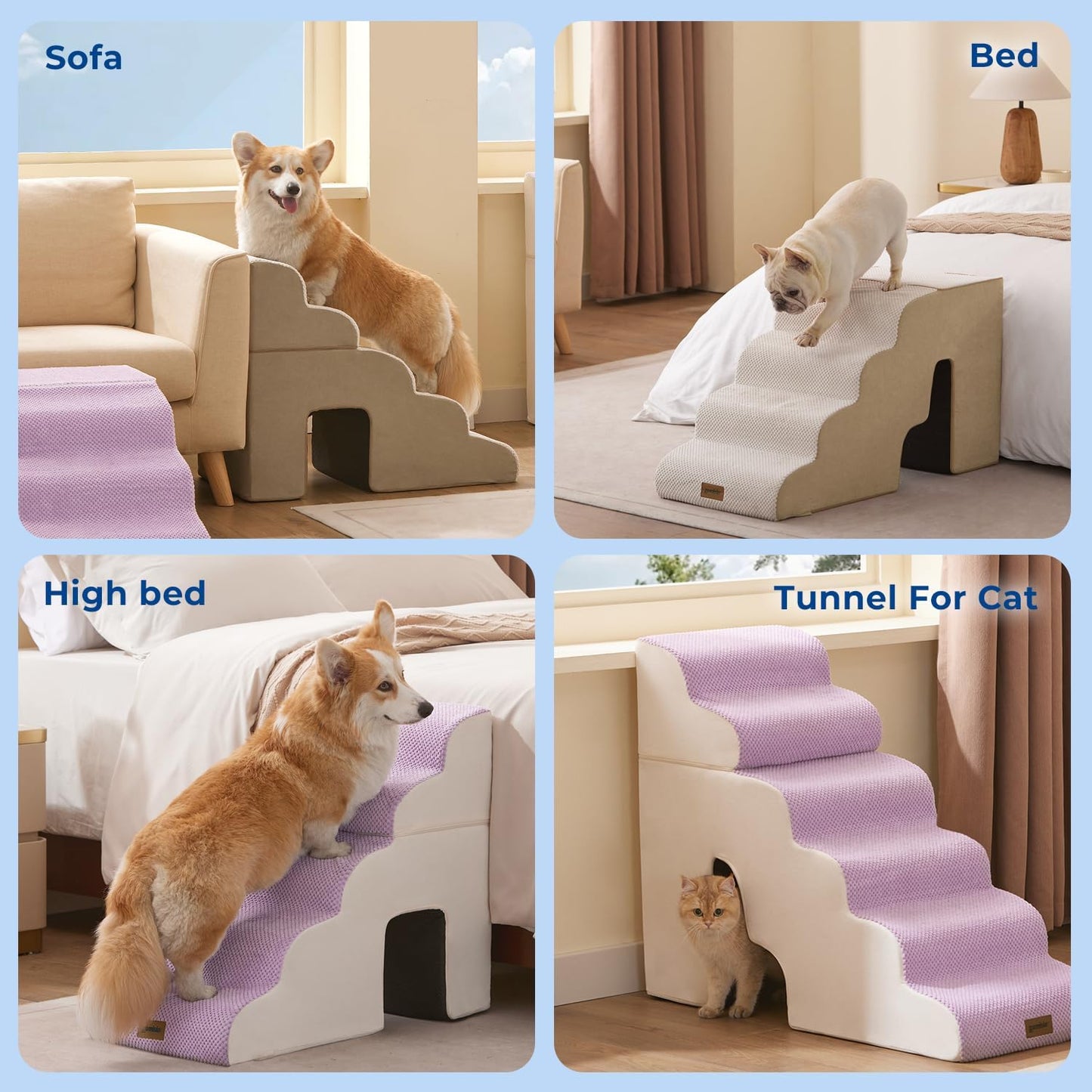 Dog Steps for High Beds - 5 Step 24" H Pet Stairs with Tunnel 2 in 1 with Zippers Suitable for Small Dogs and Cats, Indoor Cat Ladders with Non-Slip Bottom, Beige
