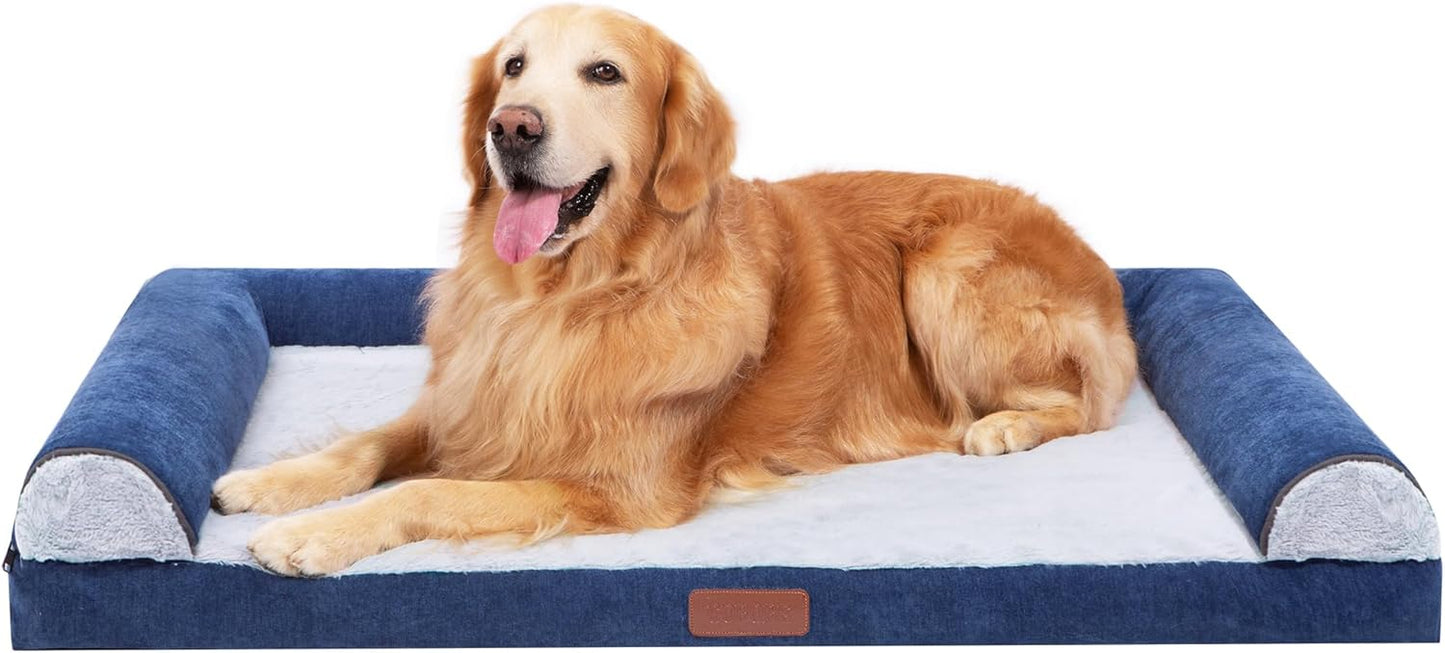Large Dog Bed for Medium and Large Dogs Waterproof Memory Foam Orthopedic Dog Bed Durable Sofa Pet Bed Removable Cover with Zipper and Bolster Nonslip Bottom（NBlue XXL）