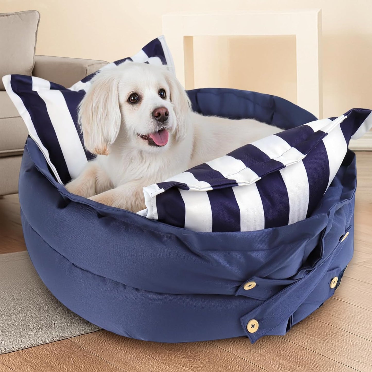2-in-1 Dog Bed for Medium Size Dogs Up to 40 lbs Pet Bed Waterproof Dog Crate Bed with Removable Washable Cover, 23 x 9 Inches, Blue Stripes