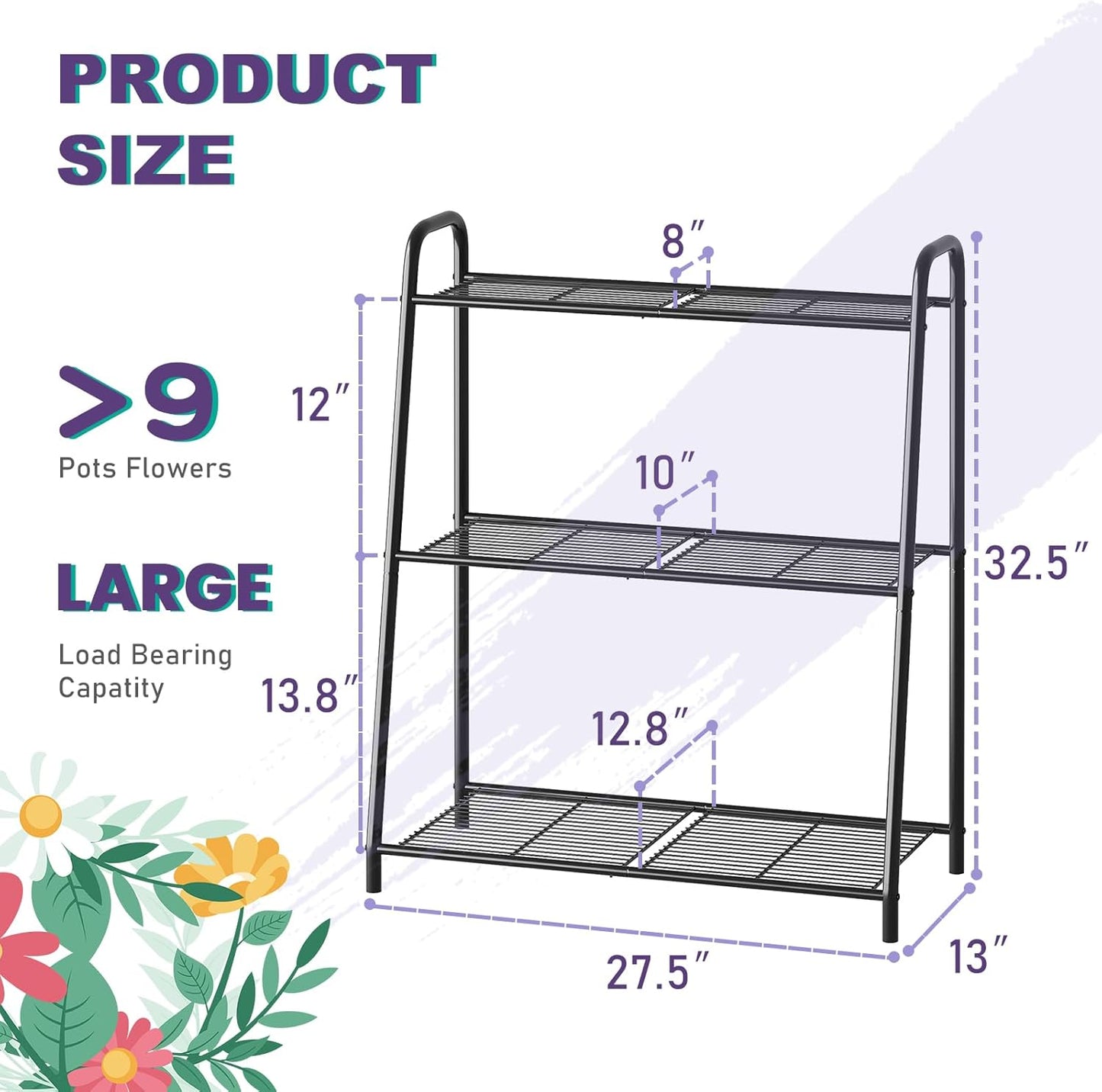 3-Tier Corner Plant Stand, Metal Black Flower Pot Rack, Indoor Outdoor Heavy Duty Shelf (Black, 3 Tier)