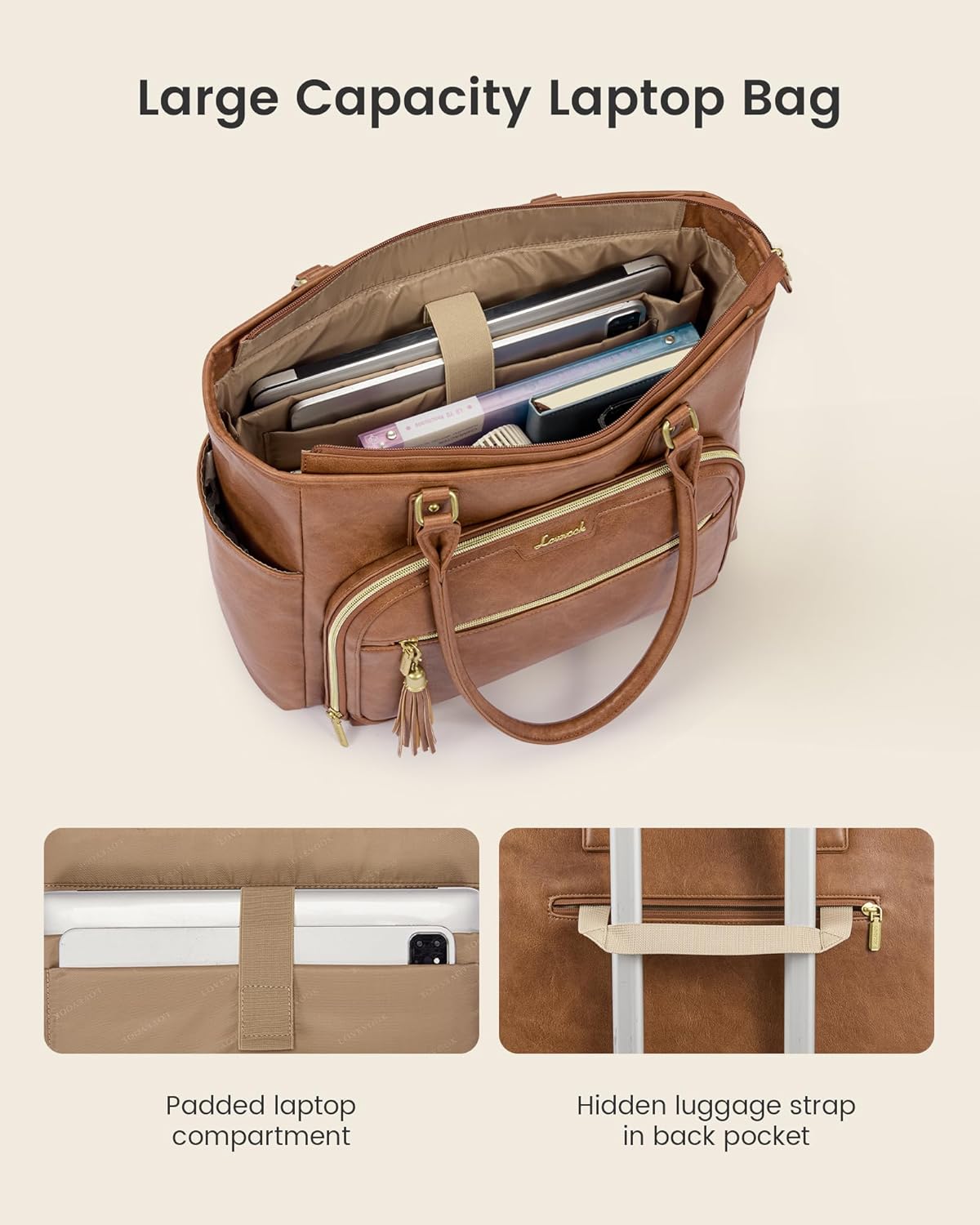 LOVEVOOK Laptop Tote Bag for Women Work, Vintage Leather Teacher Nurse Bag with Large Cup Holder, Bible Handbag Purse GIfs, Waterproof Professional Computer Briefcase for Business Office, 17 Inch