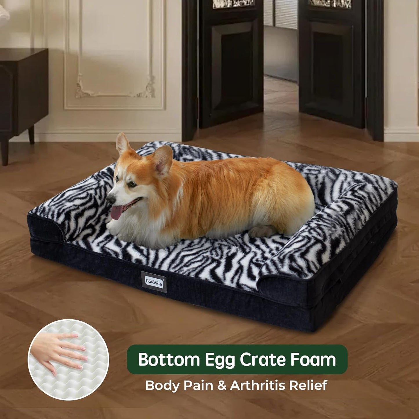 BALANCE Orthopedic Dog Bed for Large Dogs, Comfortable Dog Sofa Beds with Removable Washable Cover & Waterproof Lining, Egg Crate Foam Dogs Couch for Pet Sleeping, Black