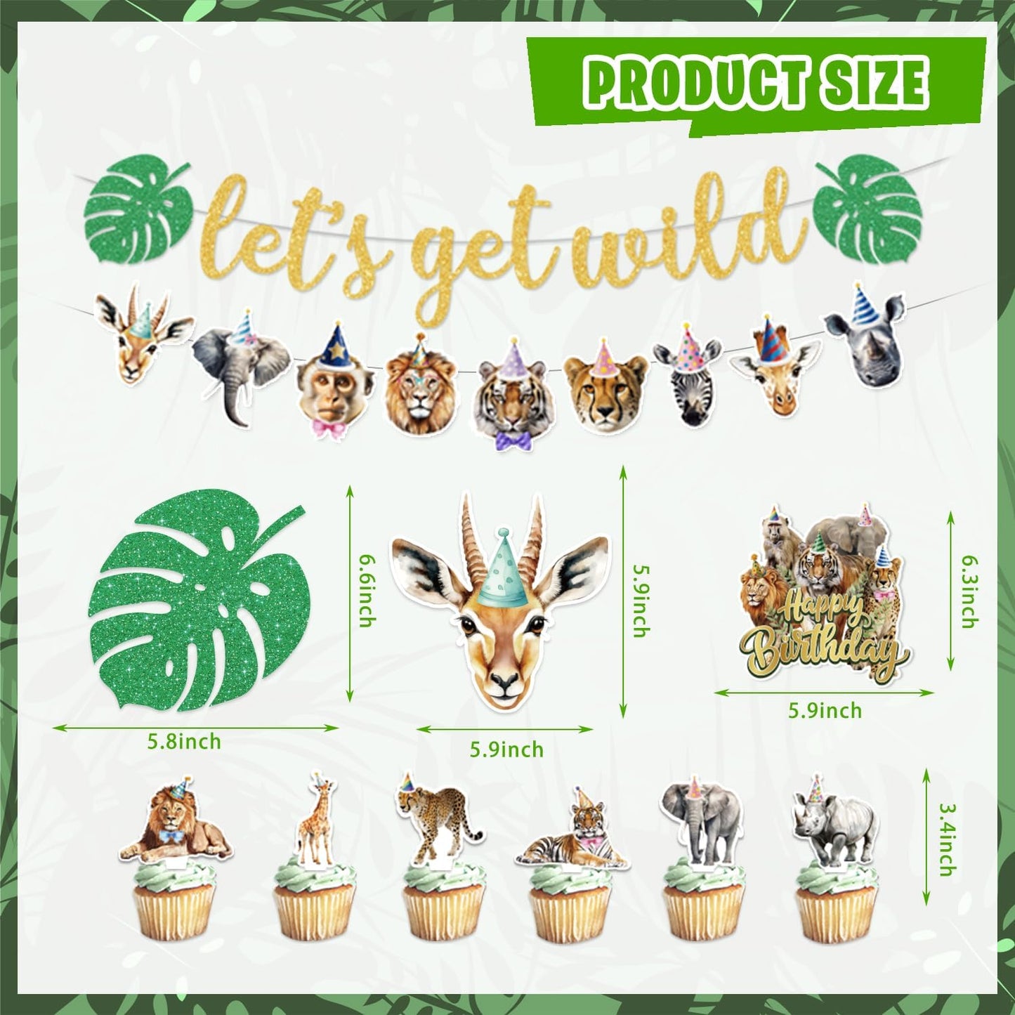 Safari Birthday Party Decorations, Jungle Wild Animals Birthday Party Supplies Decor with Backdrop, Banner, Balloons, Cake Toppers, Tablecloth, Centerpieces, Hanging Swirls