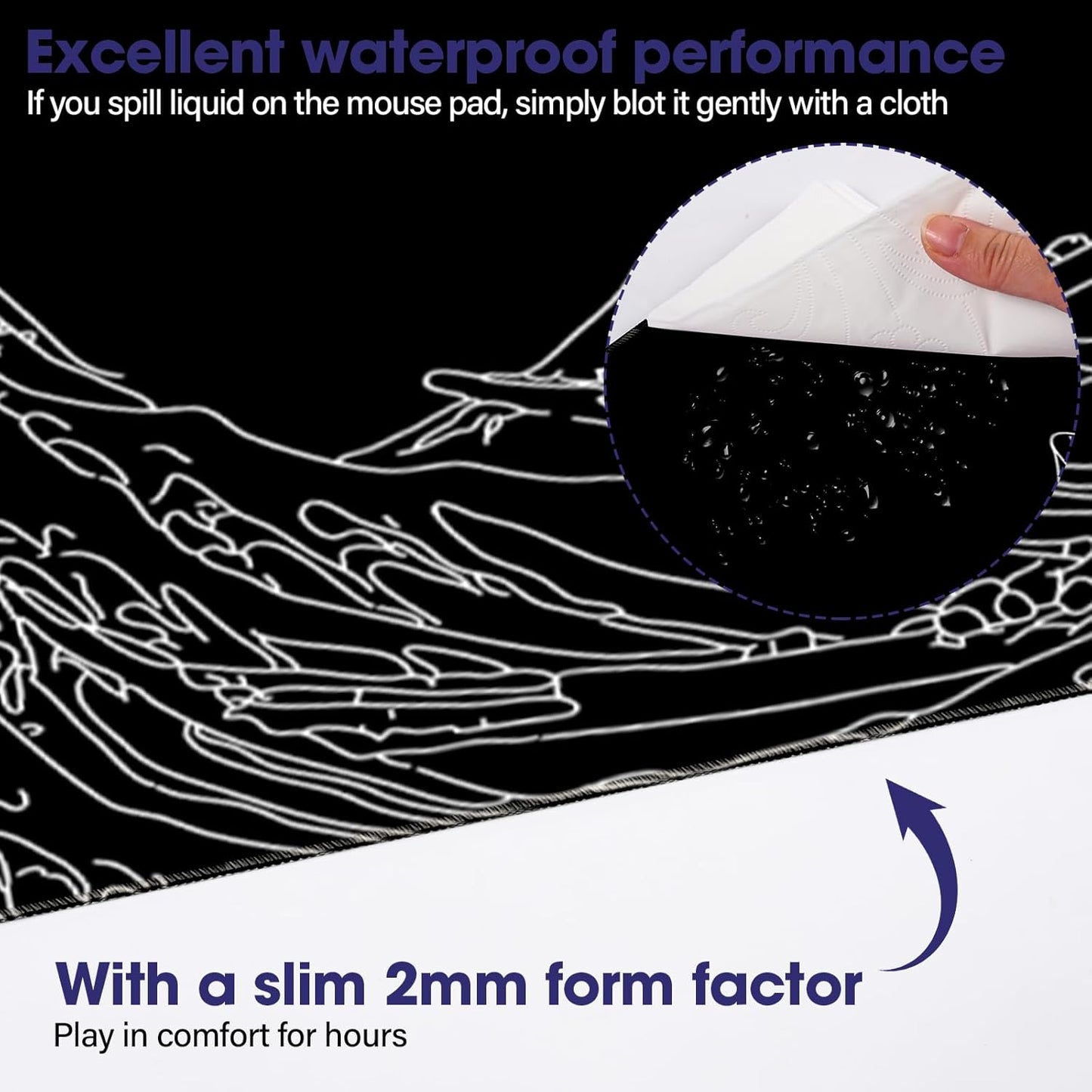 LifetimeWarrantly Japanese Sea Wave Large Gaming Mouse Pad – 31.5" x 15.7" Full Desk Mat, Non-Slip Rubber Base, Waterproof, Stitched Edges, Durable Surface for Esports, Office, Home