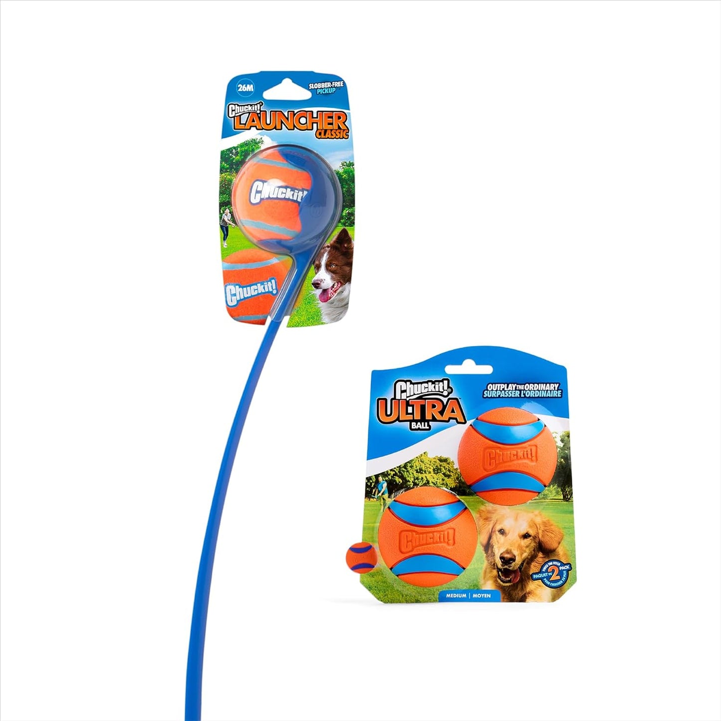 Chuckit! Ultra Dog Ball & Launcher Bundle Classic 26M 26" Length with 2 Pack Medium (2.5") Bouncy Fetch Balls for Dogs 20-60 lbs, Dog Fetch Ball Thrower