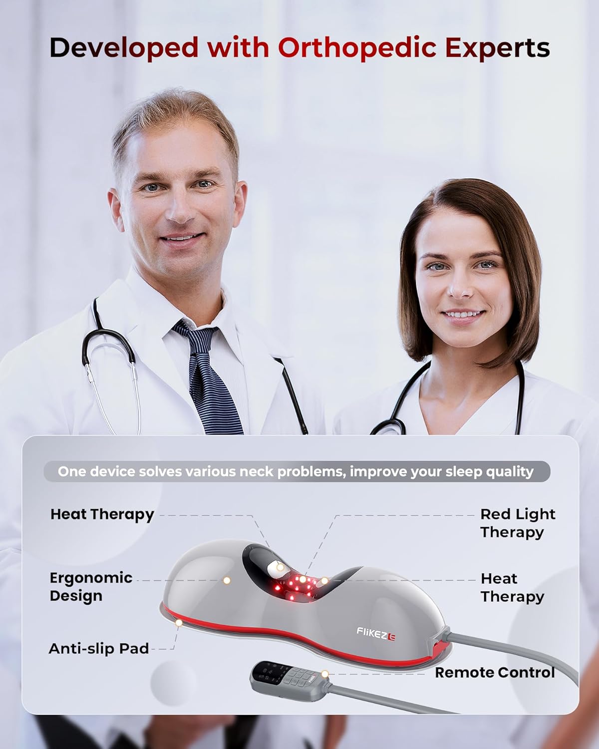 Heated Neck Stretcher with Red Light Therapy, Wireless Cervical Traction Device for TMJ Pain Relief and Shoulder Relaxer, Neck Traction Massager Pillow for Home/Office Used, Grey