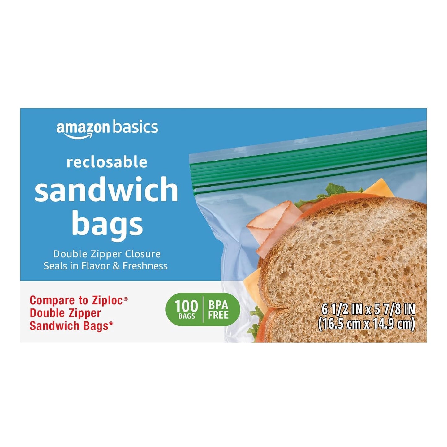Amazon Basics Reclosable Double Zipper Sandwich Storage Bags for Food Storage, BPA Free, 100 Count
