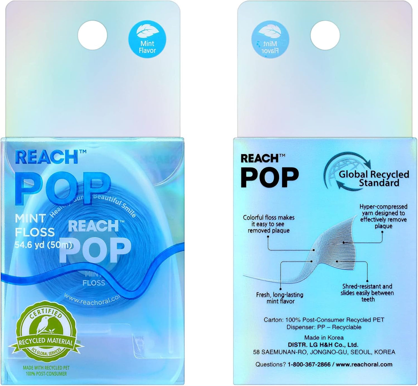 REACH POP Dental Floss, Mint, Plaque Remover for Teeth, Shred Resistant, Vegan Wax, Cruelty Free, Eco Friendly Packaging, Oral Care, PFAS Free, for Adults & Kids, 3 Pack, 54.6 yd
