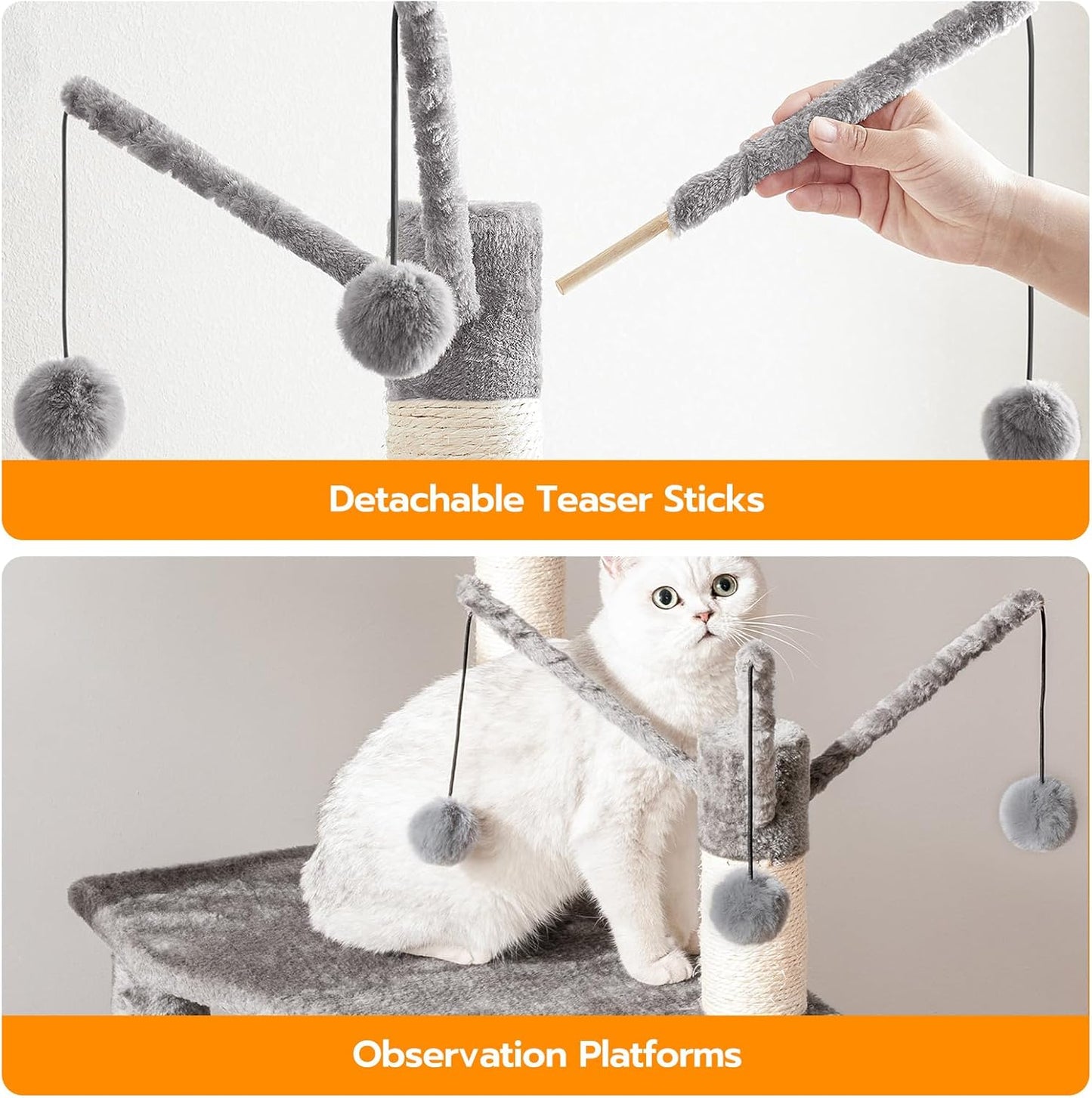 HOOBRO Cat Tree with Litter Box Enclosure, 27.6" L x 18.9" W x 52" H, All-in-One Wooden Cat Tower, Cat Furniture for Indoor Cats, Cat Condo with Hammock, Detachable Teaser Sticks, Greige BG14MZ03