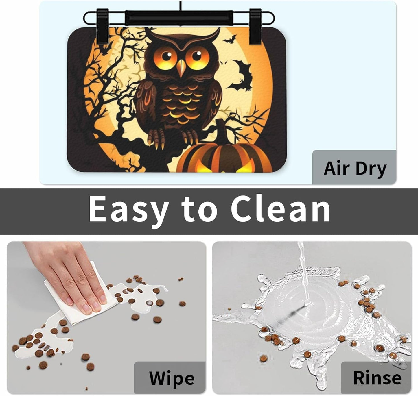 Black Tree Owl Pumpkin Head Pet Feeding Mat 40x60cm Absorbent Leather Dog Cat Food Mats Non-Slip Dog Bowl Mats for Food and Water, Quick Dry Pets Placemats for Cats and Dogs Water Bowl