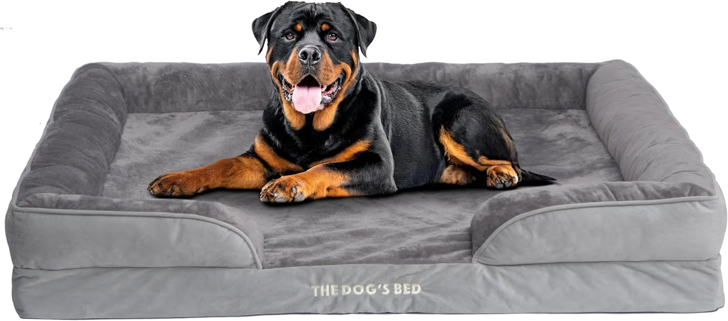 The Dog’s Bed Standard Support Dog Bed with Bolsters, Egg Crate Foam Mattress, Removable Waterproof Liner, Washable Cover with Sewn-in Bolsters, Non-Slip Base – XXL, Silver Grey Plush