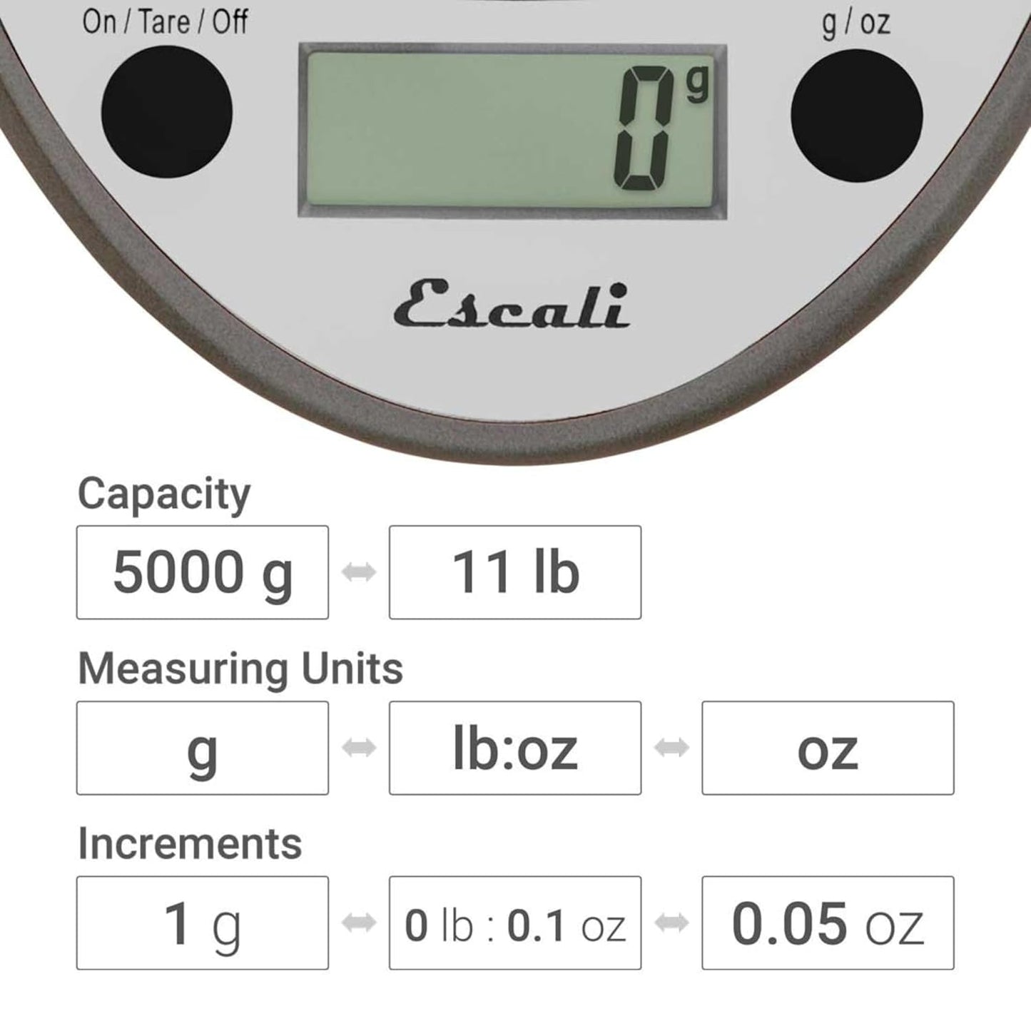 San Jamar Escali Digital Kitchen Scale, 11 lb Capacity, Tare Function, Precise Readout, Compact 8.5" x 6", Metallic Plastic (Model SCDG11M)