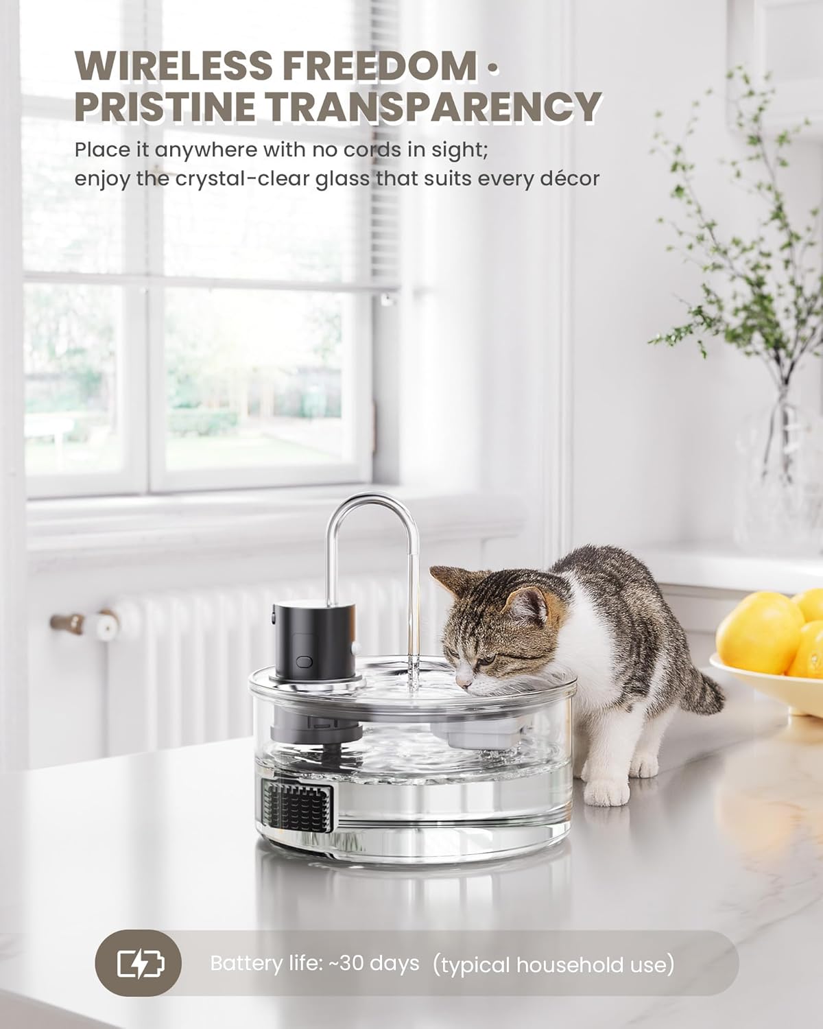 Wireless Cat Water Fountain Glass DIY - 108oz/3.2L Automatic Ultra-Quiet Cat Water Fountain Cordless, Glass Battery Operated Pet Fountain Rechargeable Water Dispenser for Cats, Puppy, Multiple Pets