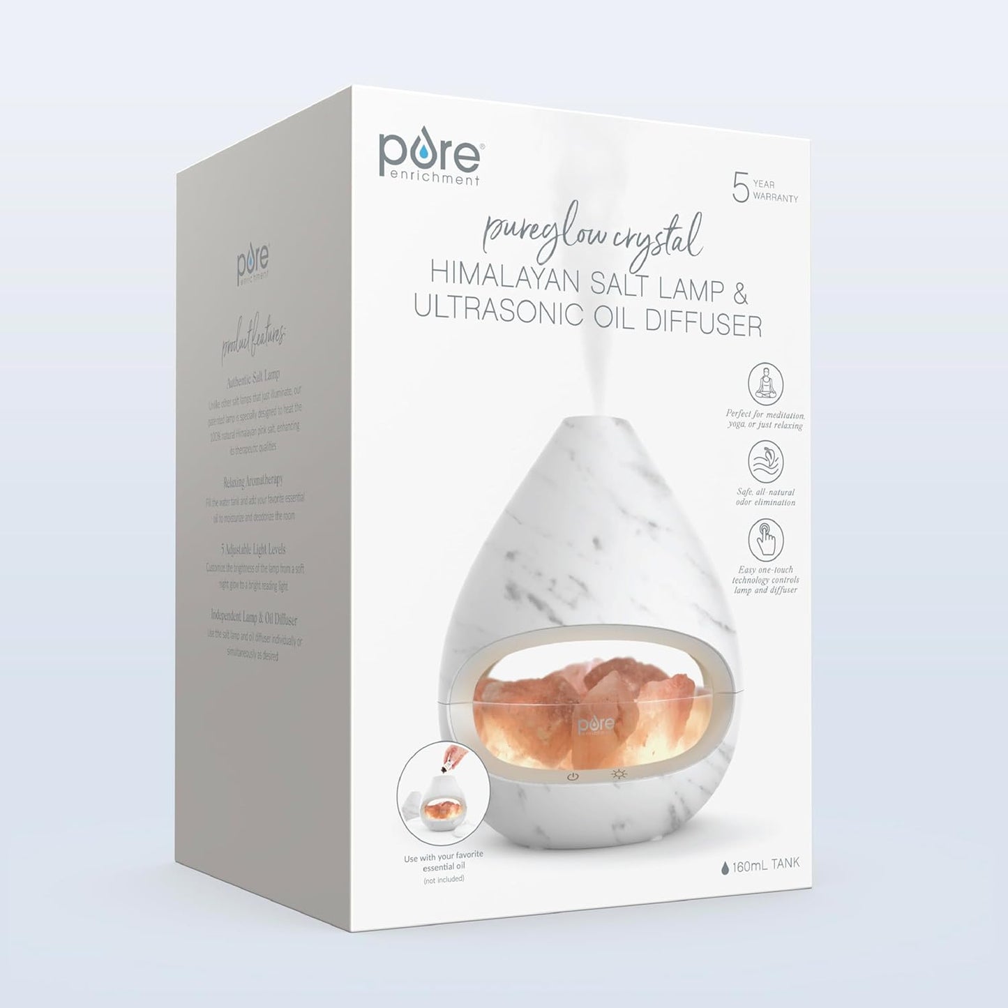 Pure Enrichment® PureGlow™ Crystal - 2-in-1 Himalayan Salt Lamp & Ultrasonic Essential Oil Diffuser, Original Salt Therapy Lamp, 100% Pure Himalayan Salt, Ambient Glow, 160 mL 16-Hour Tank (Marble)