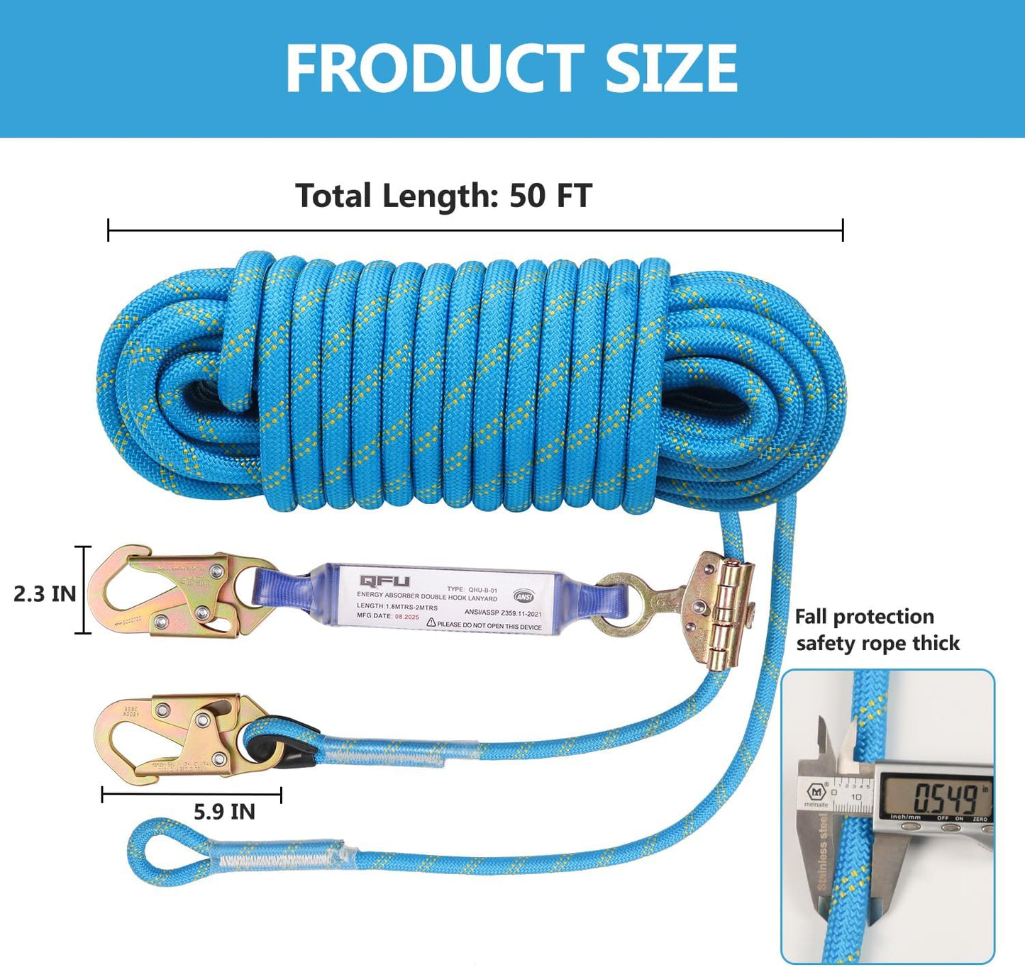 Heavy Duty Fall Protection Rope for roof & tree climbing. Includes safety harness, alloy steel clips, shock-absorbing lanyard