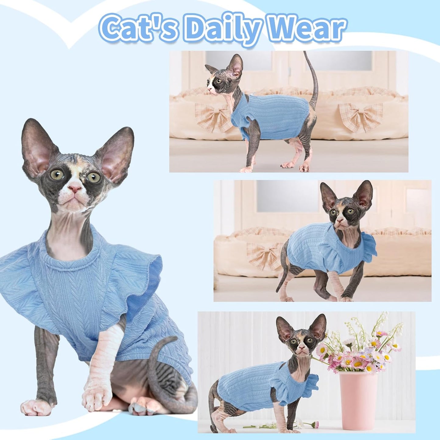 DENTRUN Sphynx Hairless Cats Shirt Pullover Kitten Clothes with Cute Flounced Sleeves Breathable Cat Wear Sweater Jumpsuit Sphynx Outfit Vest Blue XX-Large